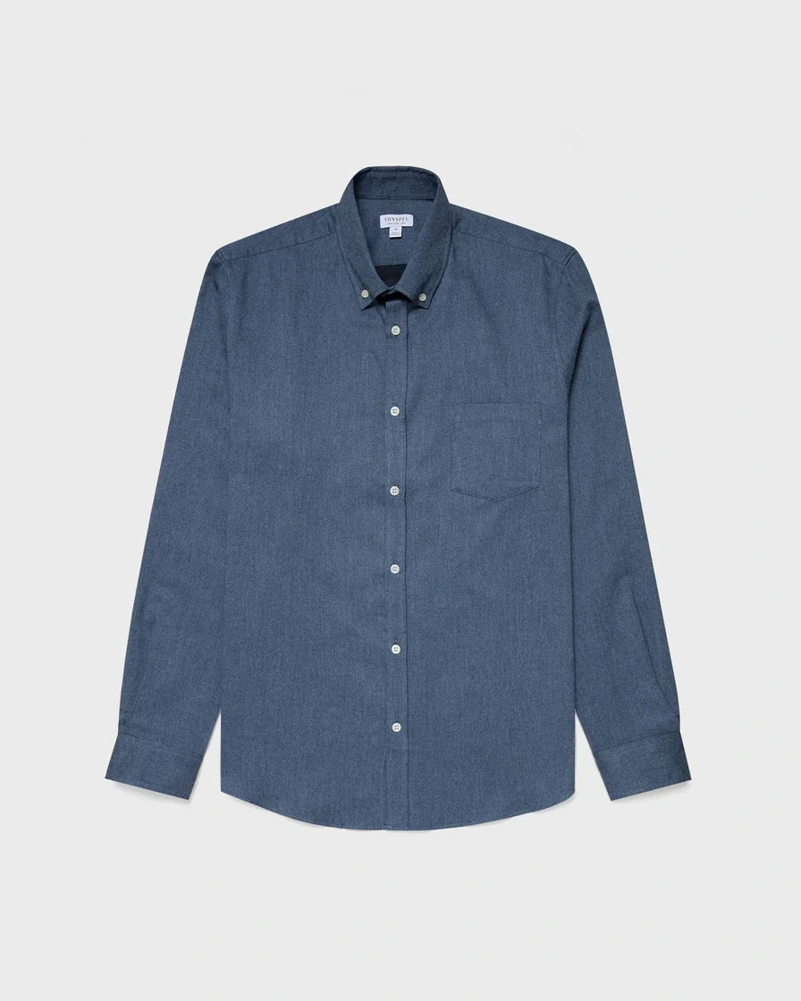 Brushed Cotton Flannel Shirt - Blue Melange