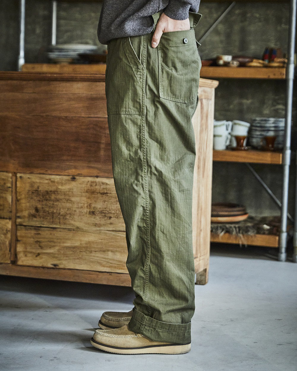 Herringbone Vintage Fit Fatigue Pants - Army Green