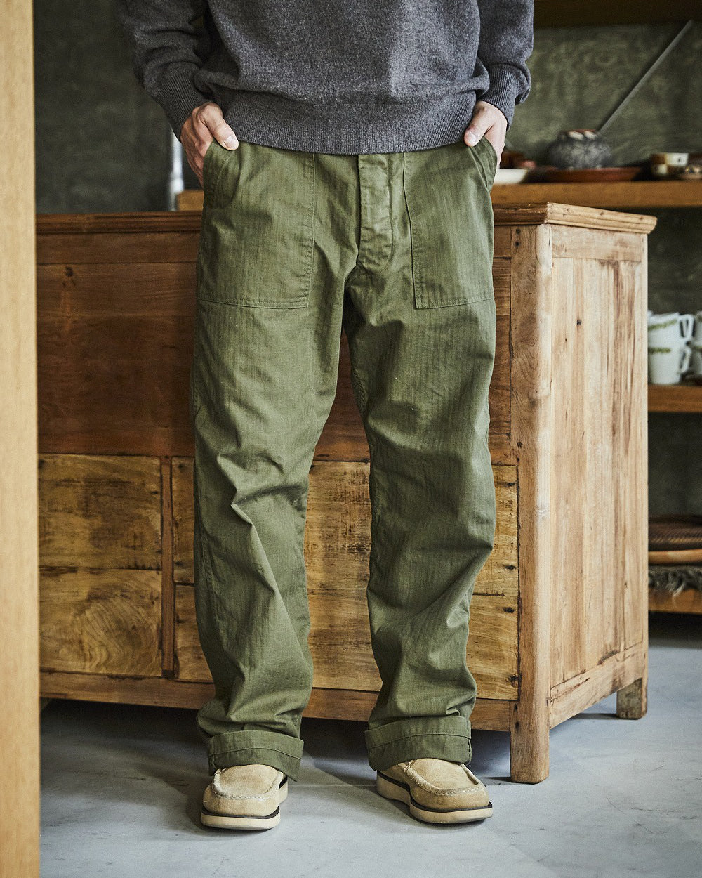 Herringbone Vintage Fit Fatigue Pants - Army Green