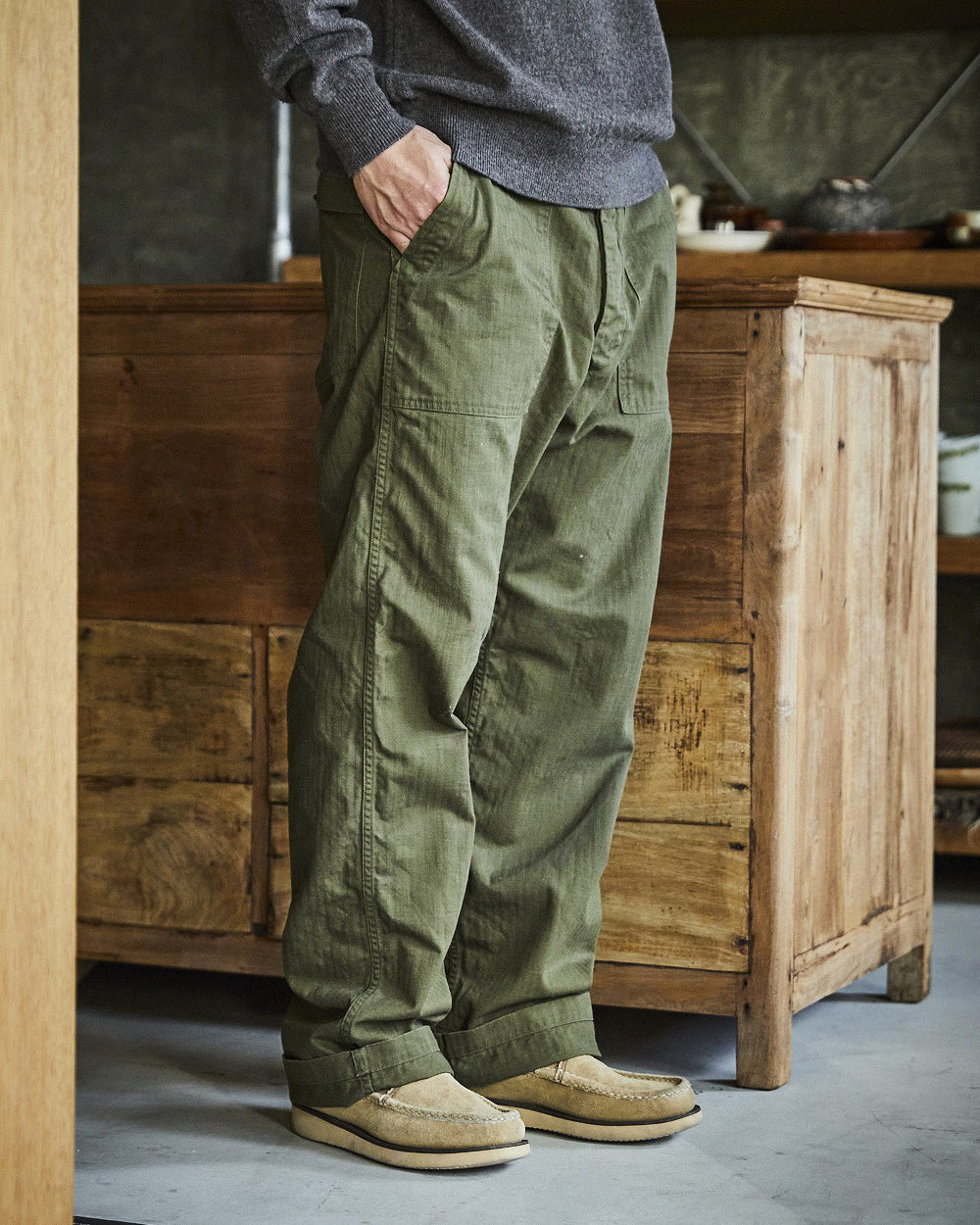 Herringbone Vintage Fit Fatigue Pants - Army Green