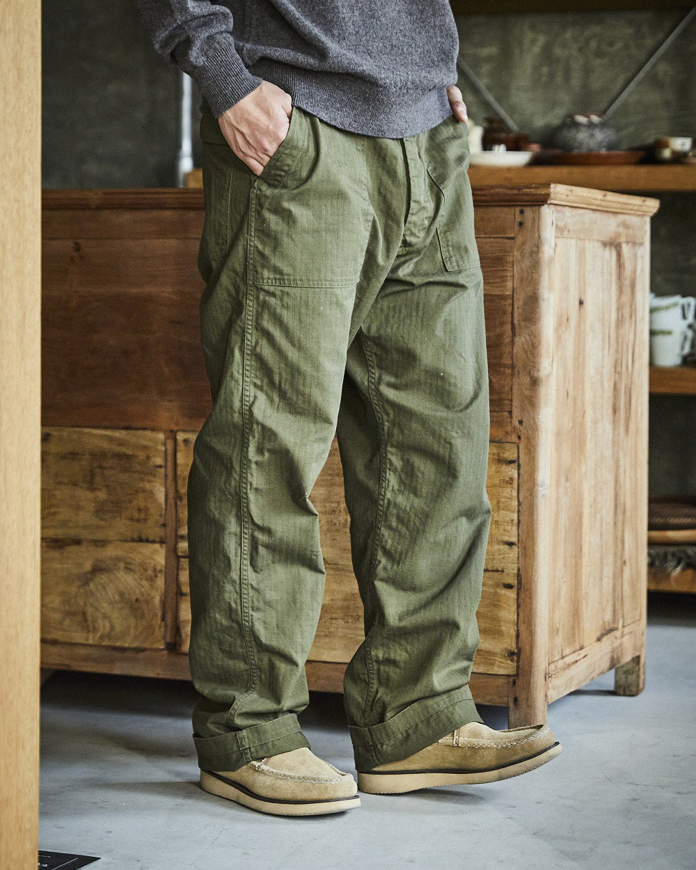 Herringbone Vintage Fit Fatigue Pants - Army Green