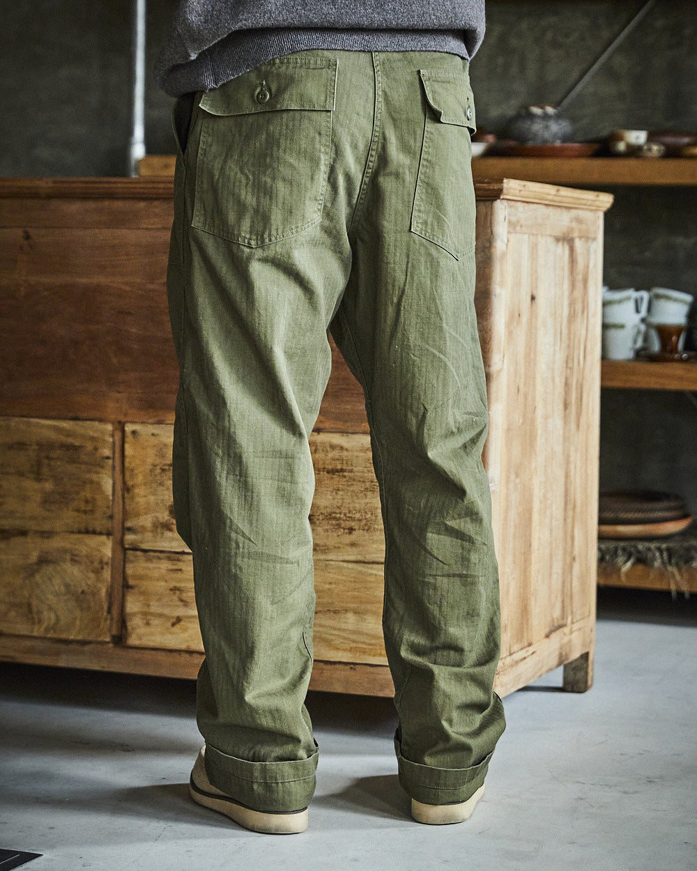Herringbone Vintage Fit Fatigue Pants - Army Green