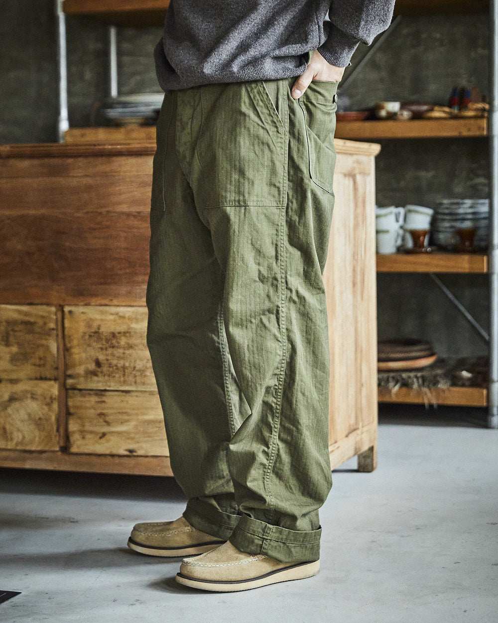 Herringbone Vintage Fit Fatigue Pants - Army Green