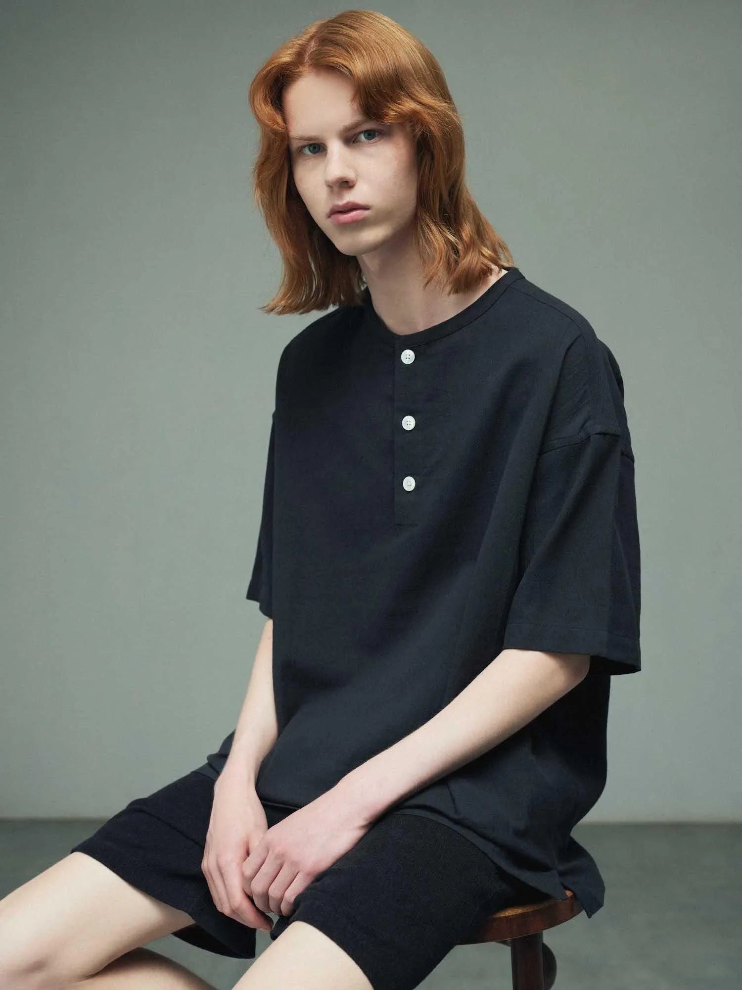 Towel Cloth Henly Neck Short Sleeve Shirt - Black