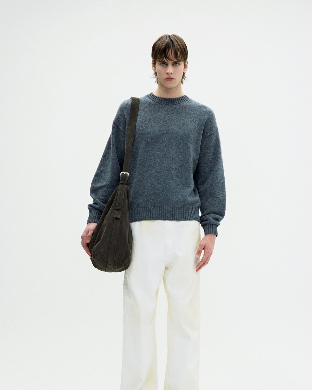 Wool Cropped Crewneck Sweater - Melange Grey