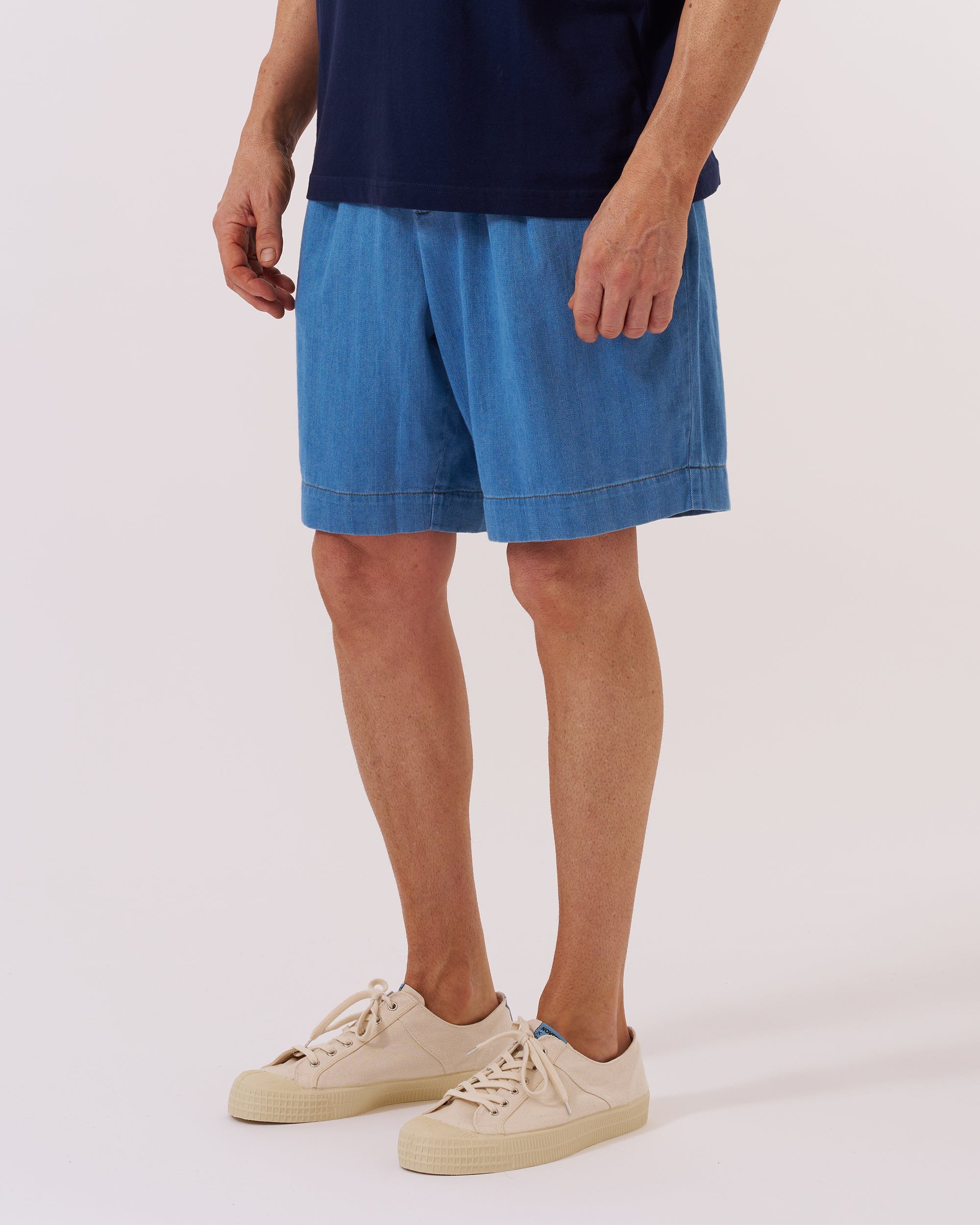 Pleated Track Short - Washed Indigo Recycled Herringbone