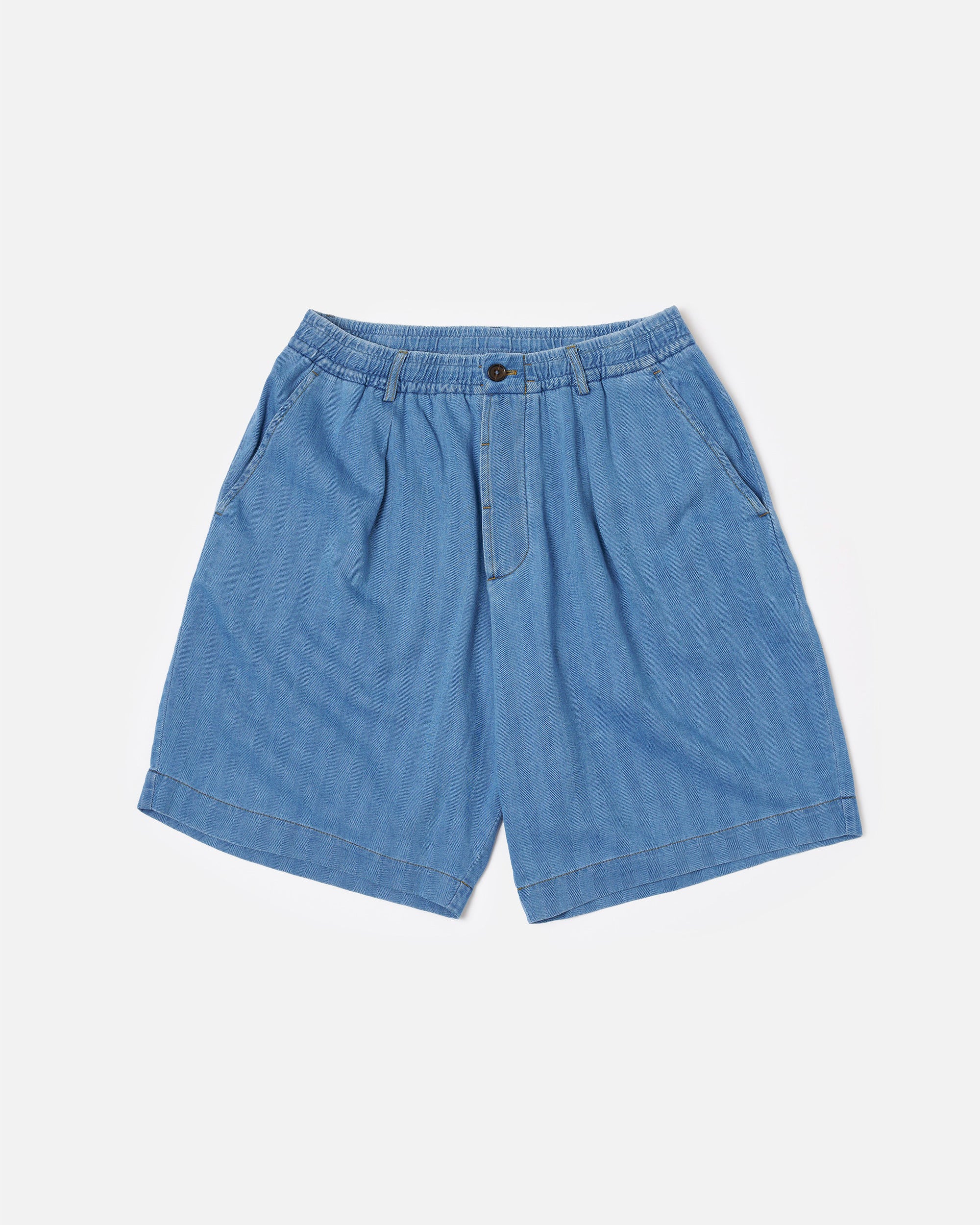 Pleated Track Short - Washed Indigo Recycled Herringbone