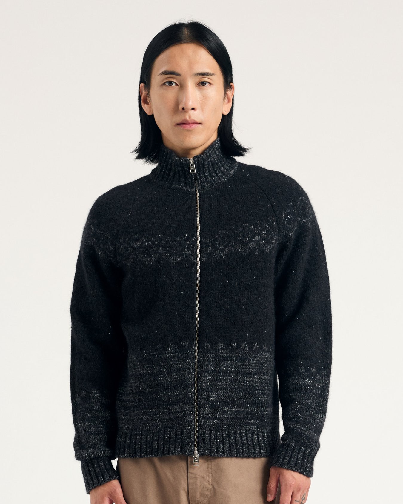 Ulf Full Zip Fairisle Cardigan - Dark Grey Melange