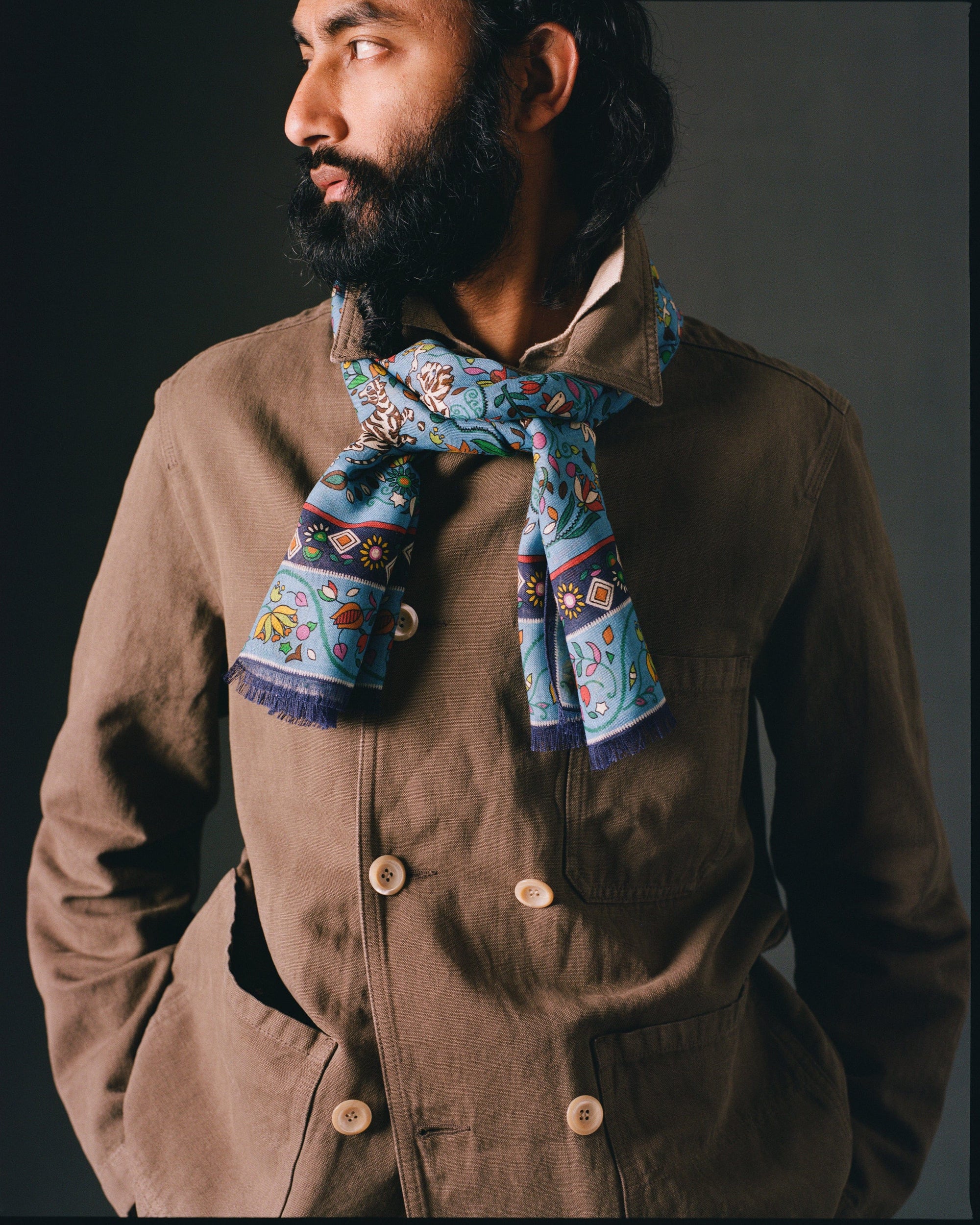 Tiger Garden Print Wool Silk Scarf - Blue