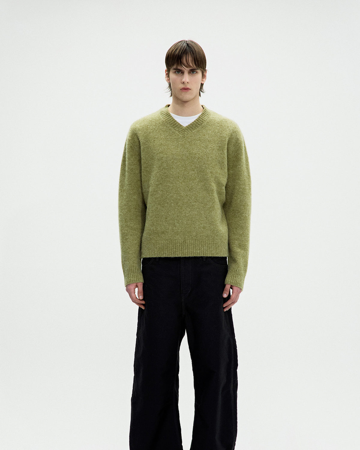 Wool Blend Hairy Neck Sweater - Pale Green