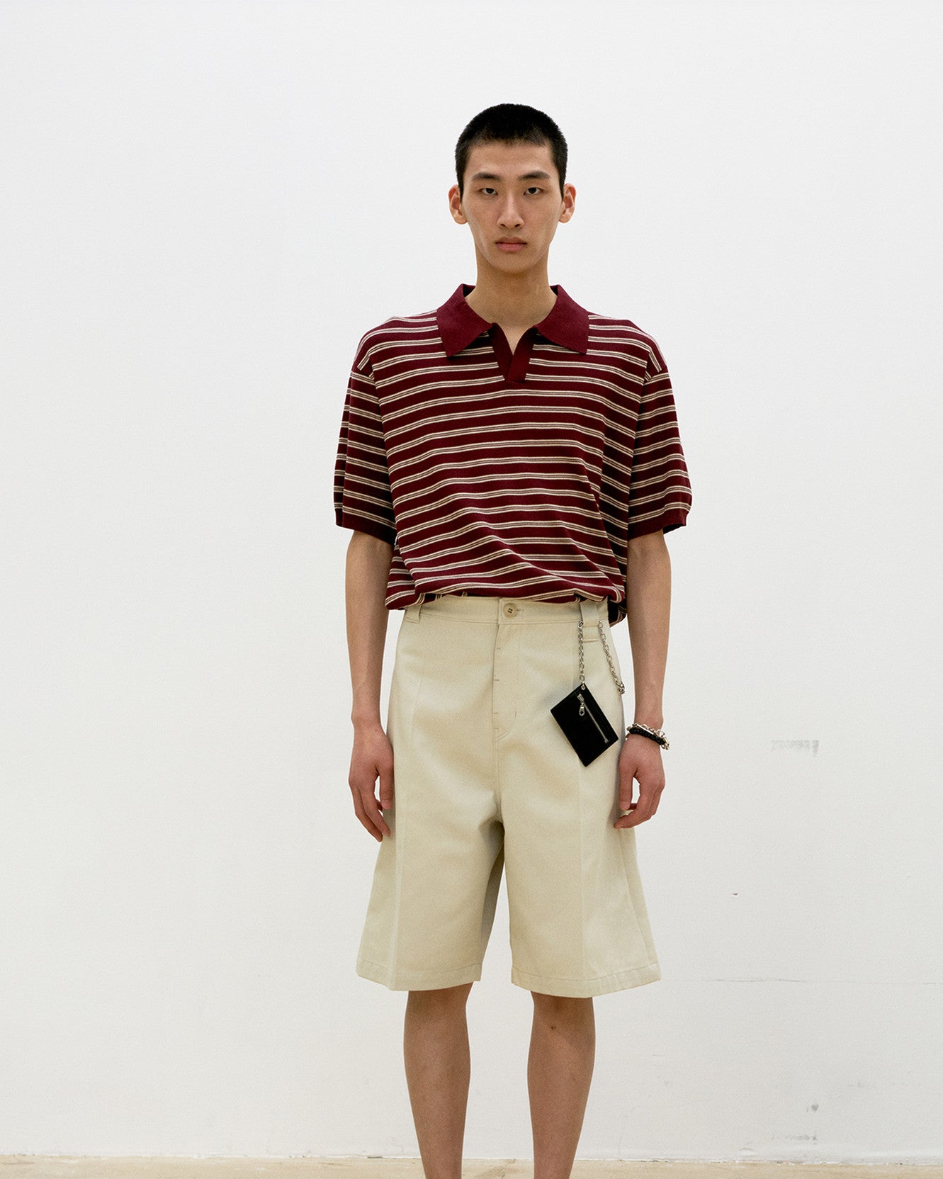 Open-Collar Stripe Sweater - Burgundy