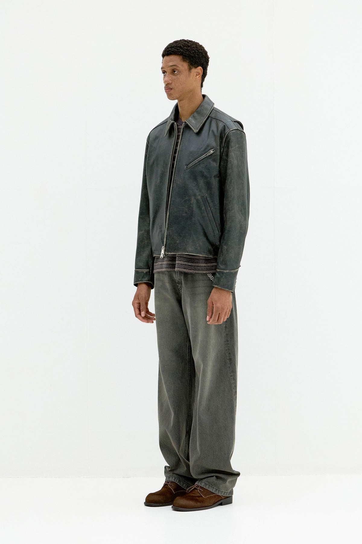 Cow Washed Biker Leather Jacket - Washed Black
