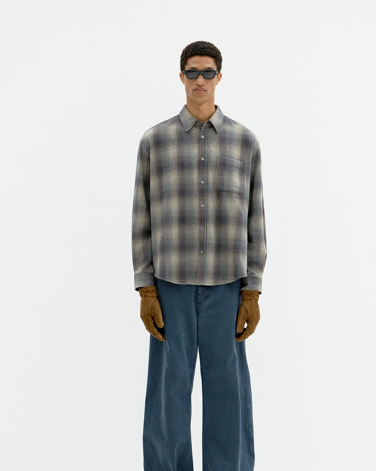 Ombre Flannel One Pocket Checkered Shirt - Blue Grey