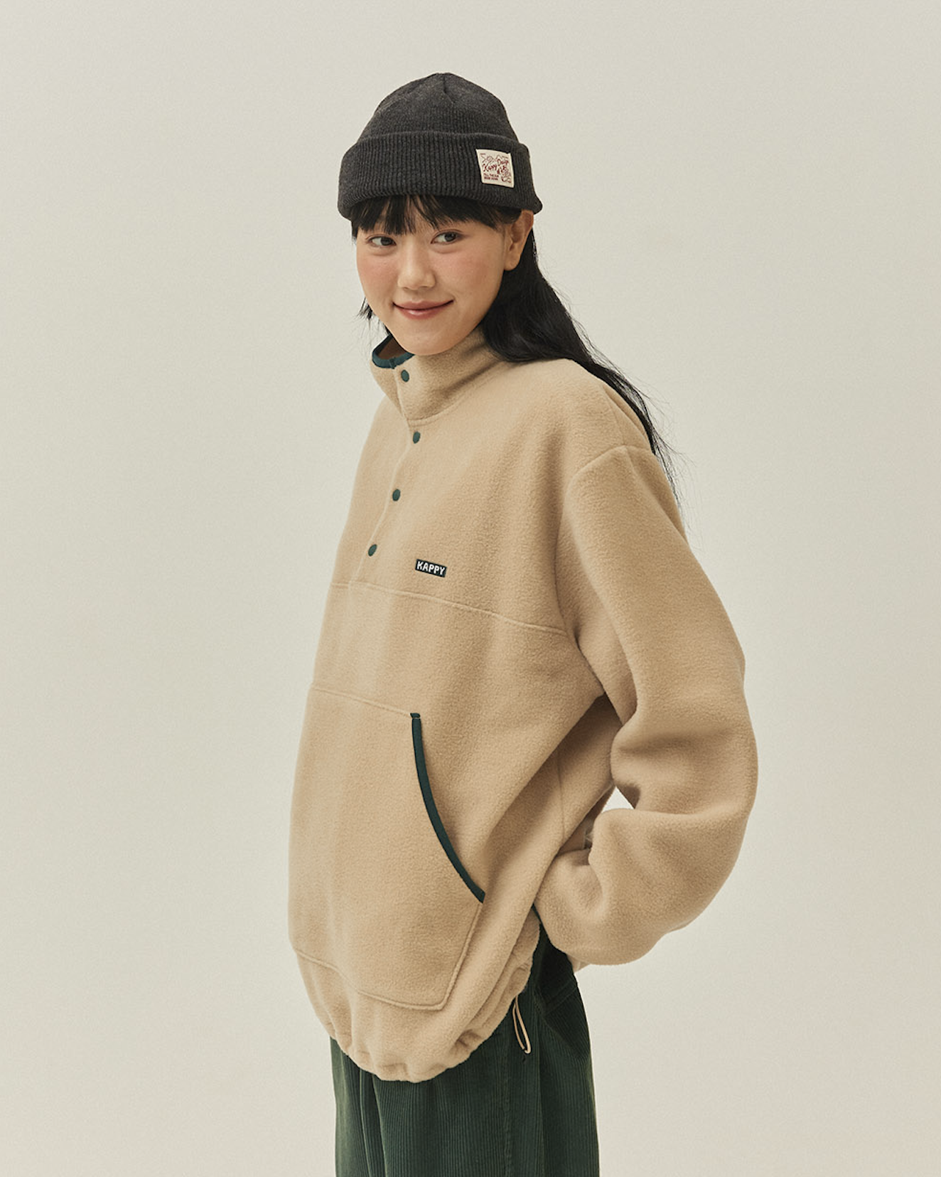 Fleece Button Anorak - Beige