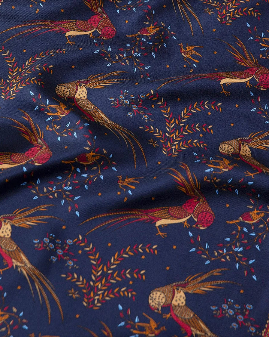 Navy Birds of Paradise Print Tubular Silk Tasselled Scarf