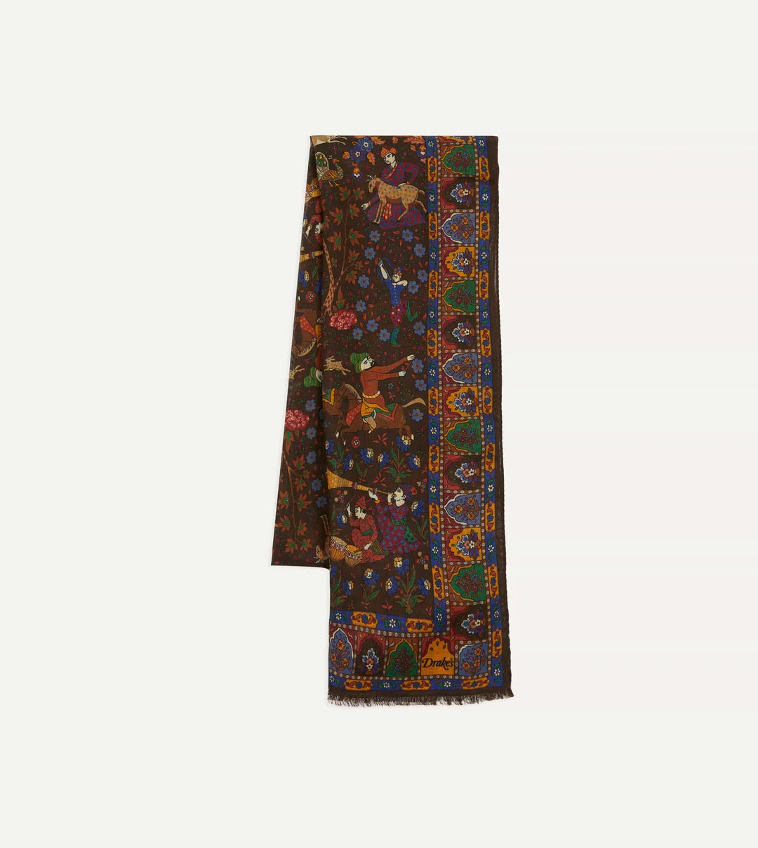 Brown Mughal Hunter Print Wool-Silk Scarf