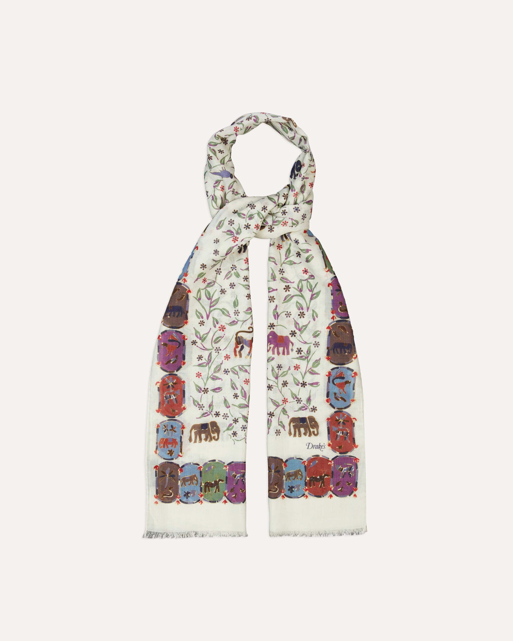 Elephants and Flowers Print Wool-Silk Scarf - Ecru