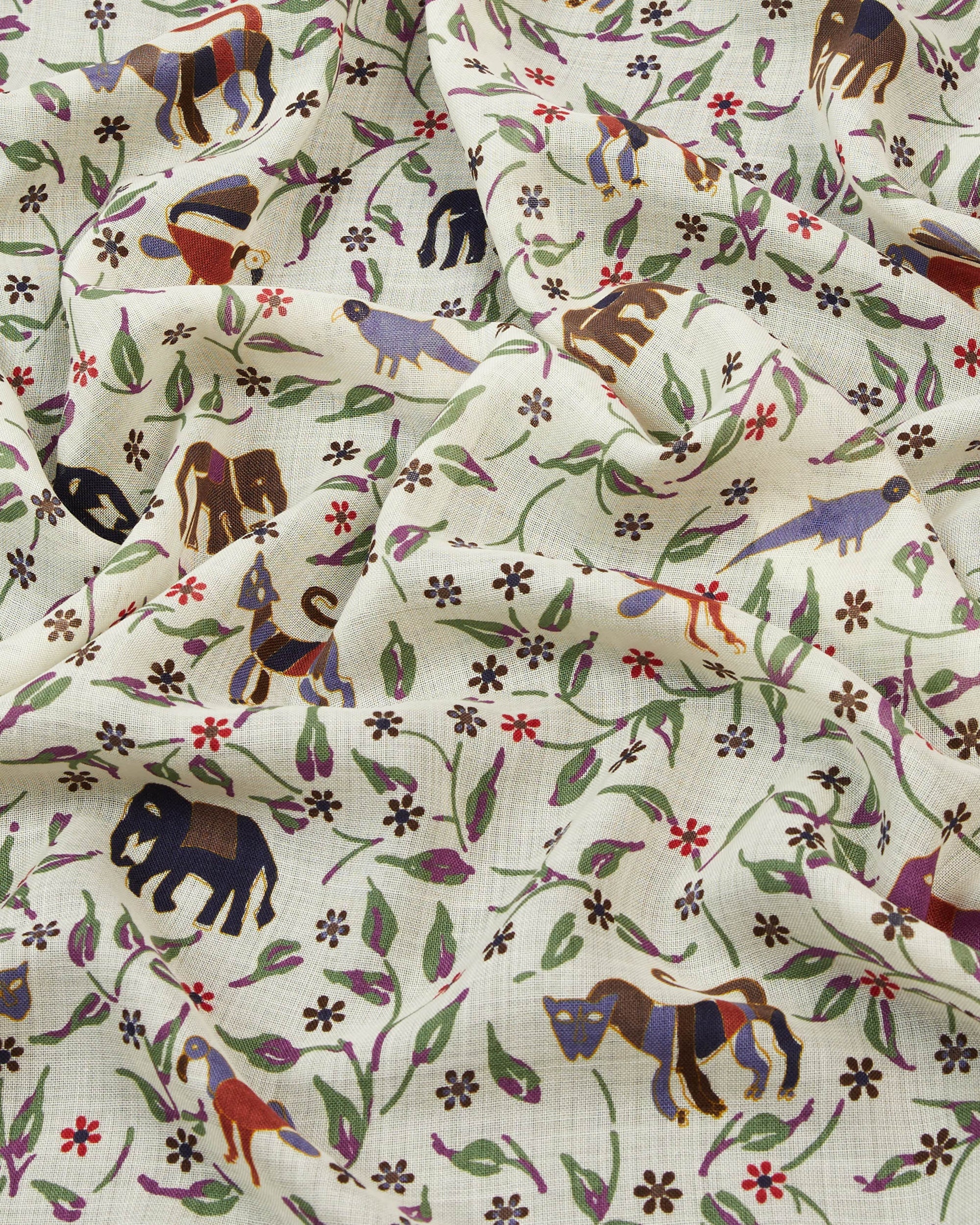 Elephants and Flowers Print Wool-Silk Scarf - Ecru