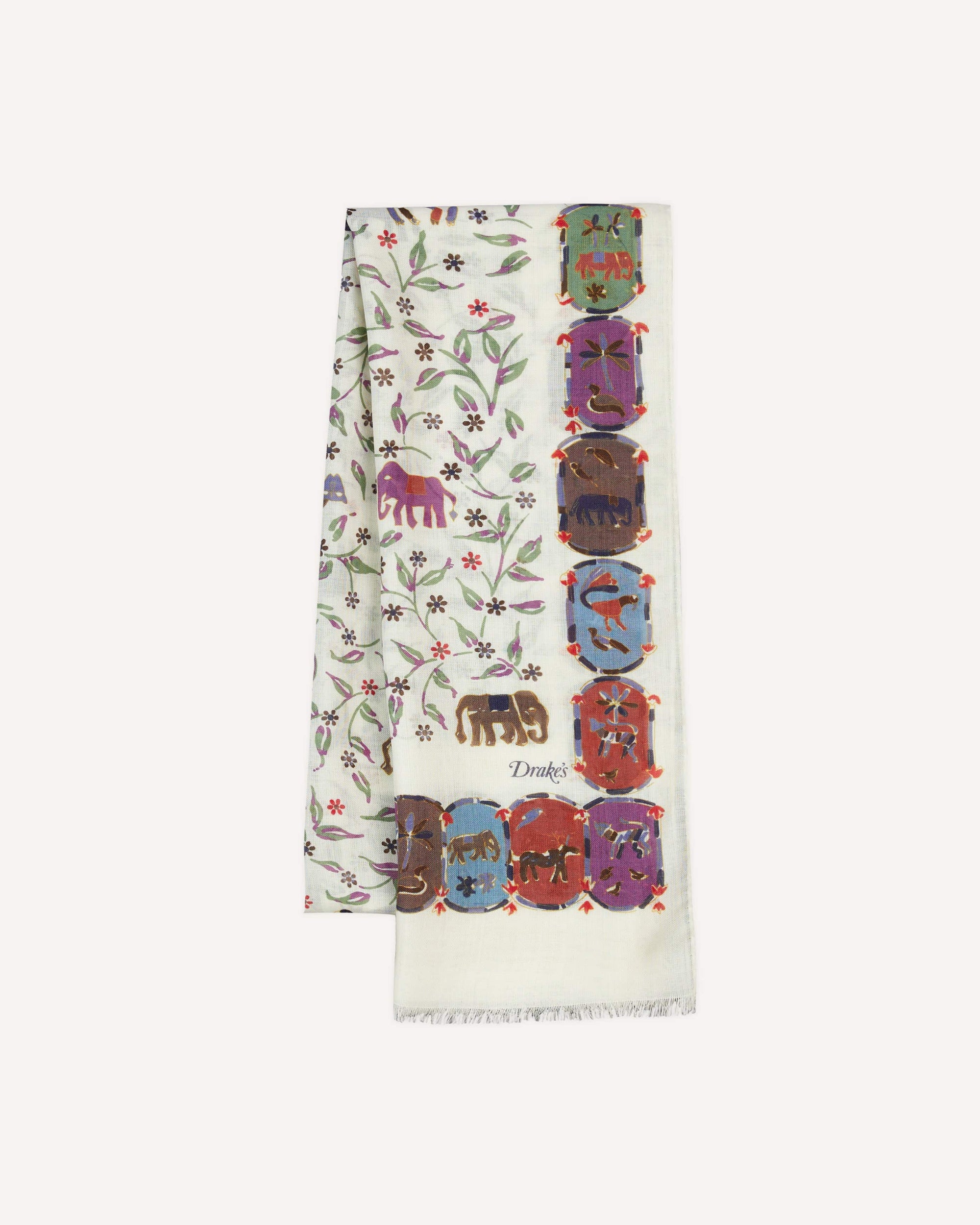 Elephants and Flowers Print Wool-Silk Scarf - Ecru