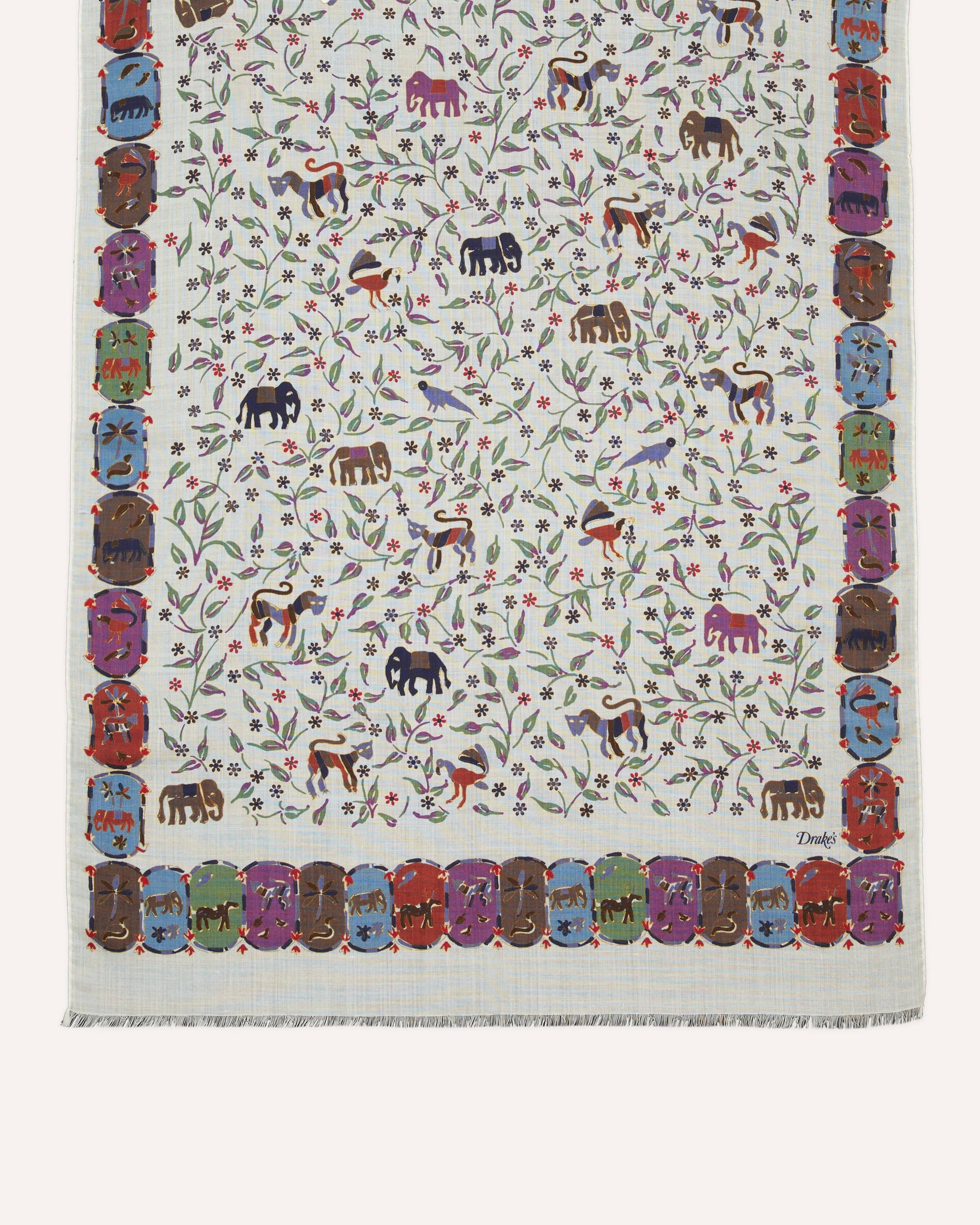 Elephants and Flowers Print Wool-Silk Scarf - Ecru