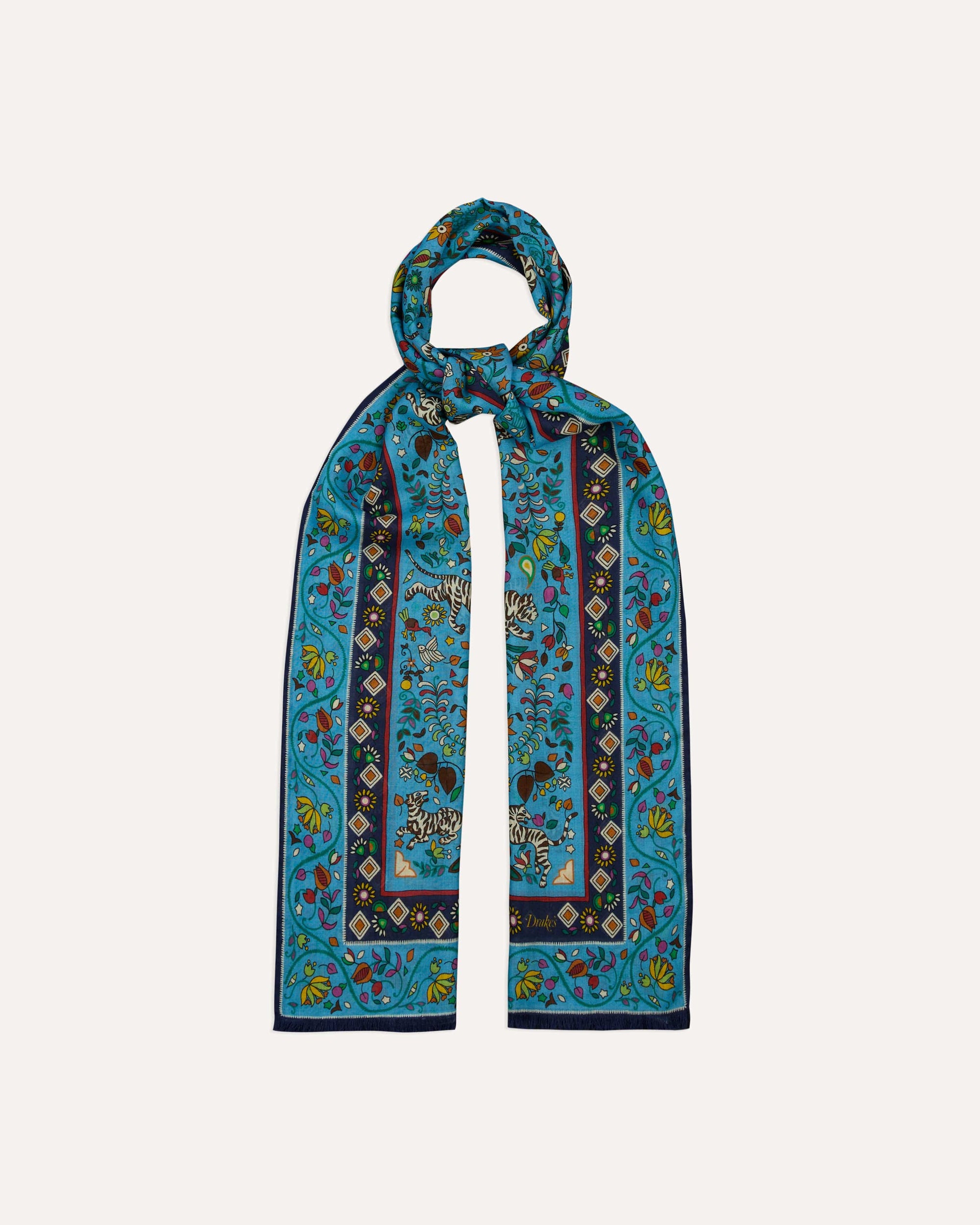 Tiger Garden Print Wool Silk Scarf - Blue