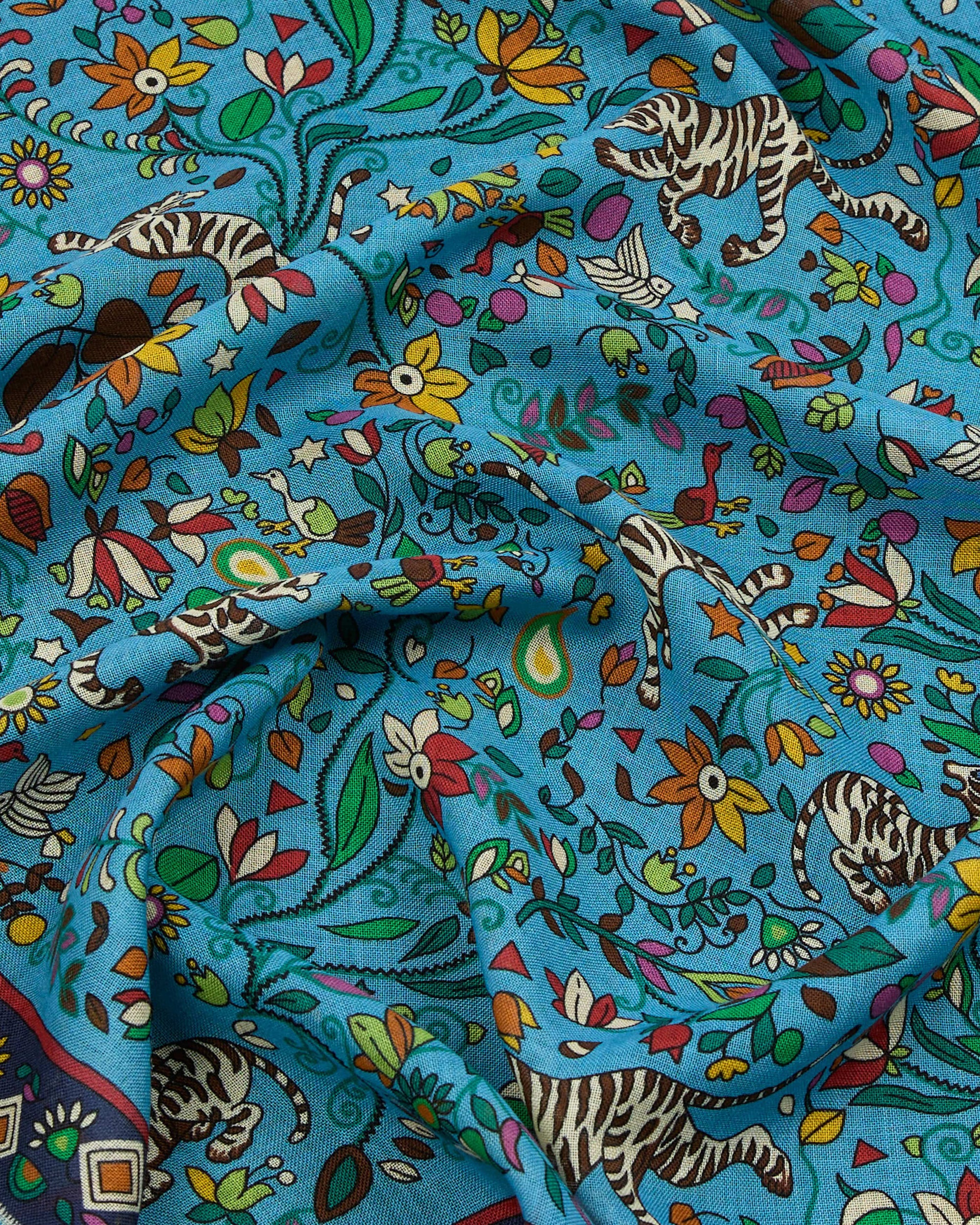 Tiger Garden Print Wool Silk Scarf - Blue