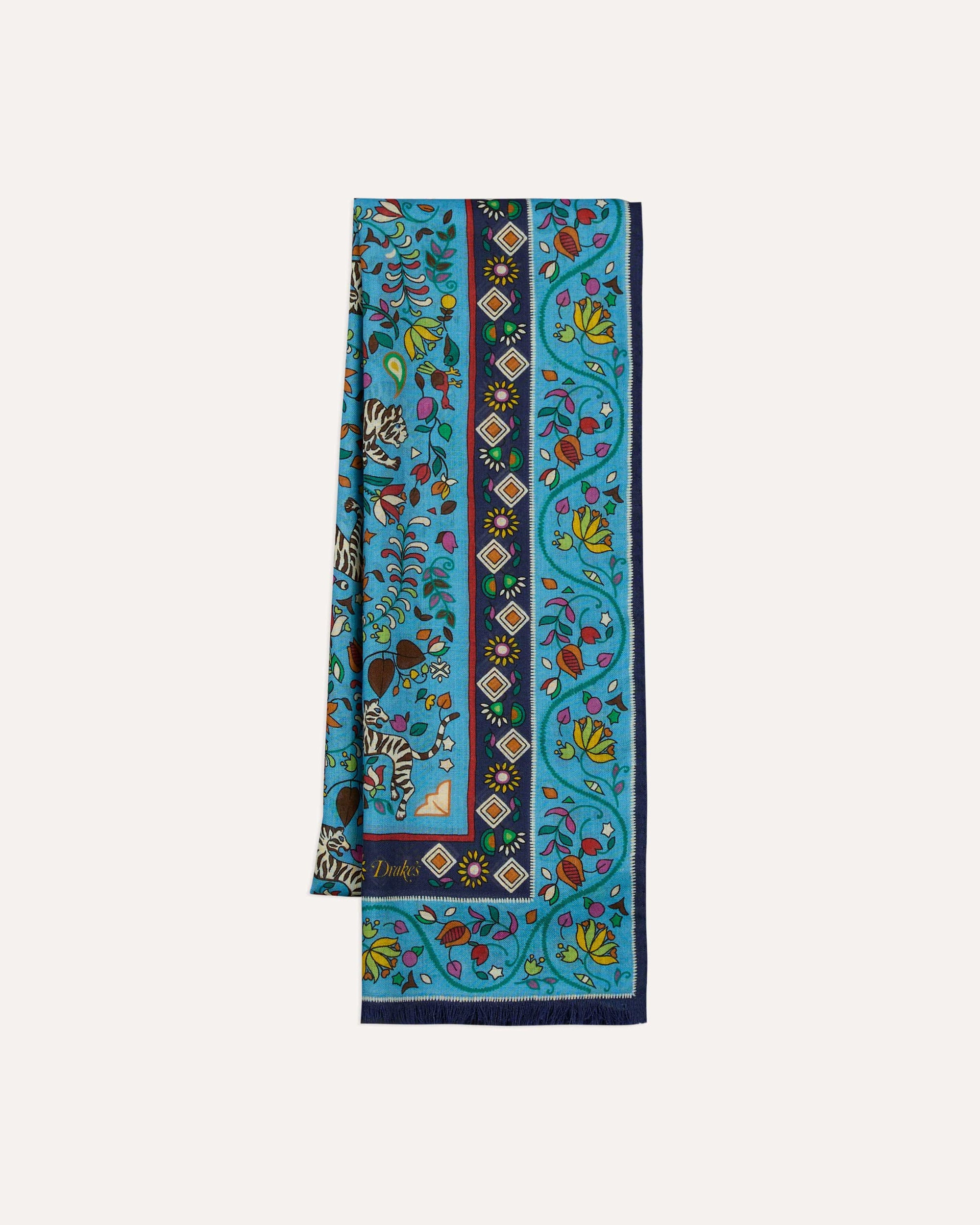 Tiger Garden Print Wool Silk Scarf - Blue