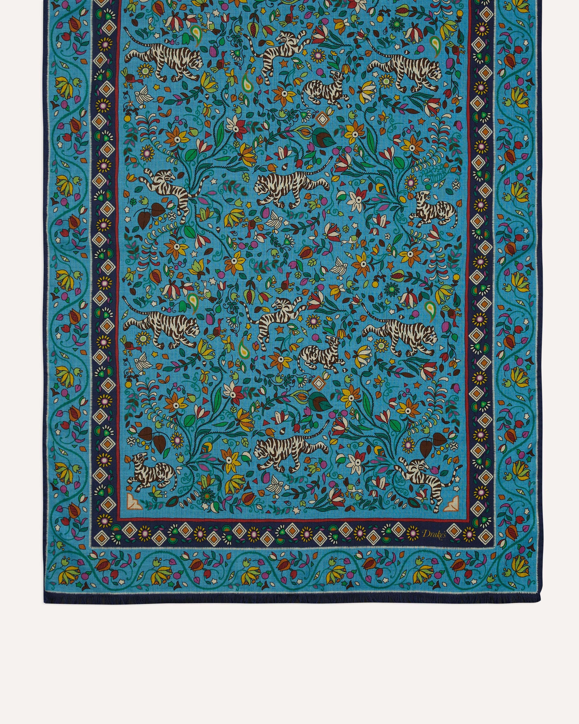 Tiger Garden Print Wool Silk Scarf - Blue