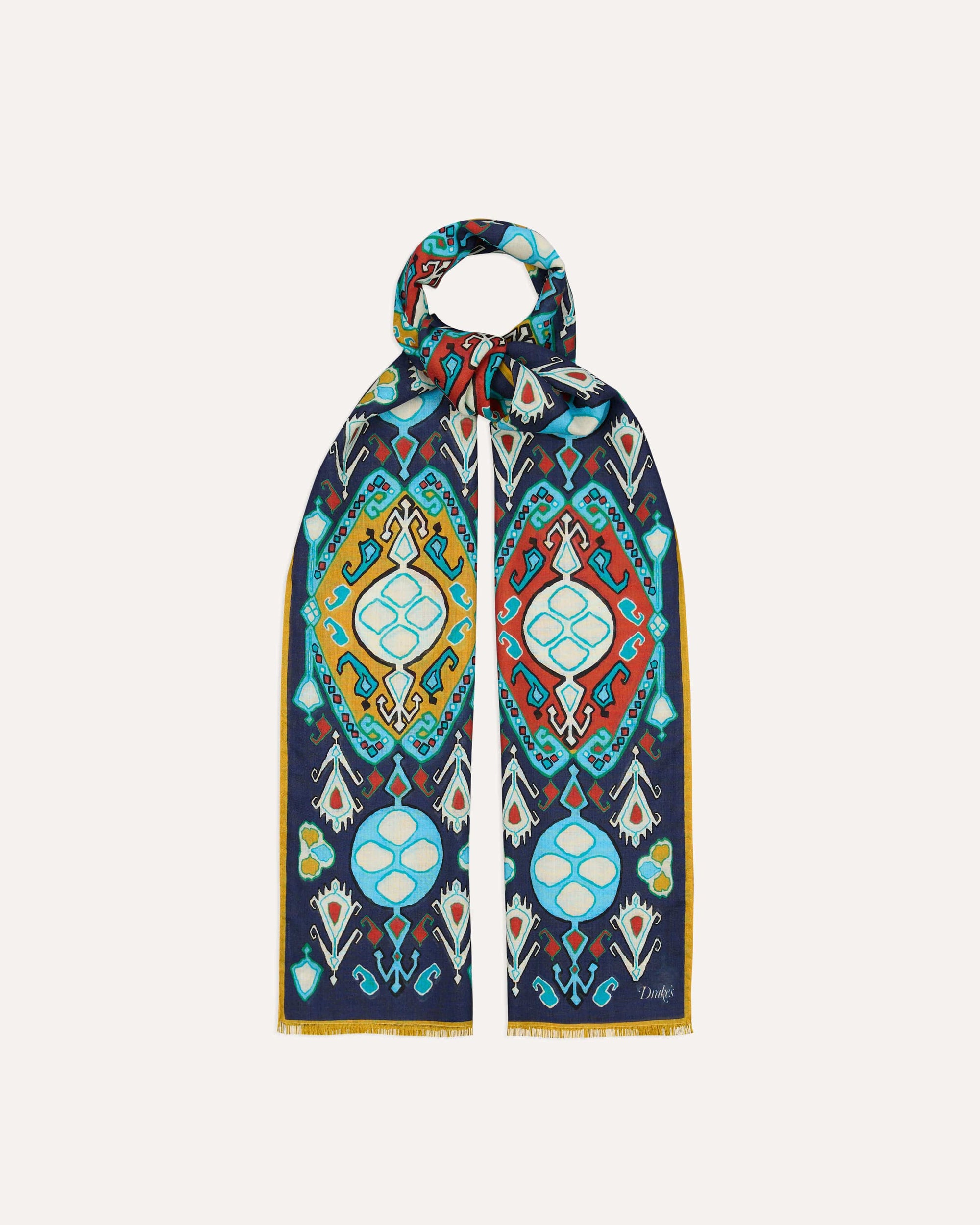 Tapestry Print Wool Silk Scarf -Navy