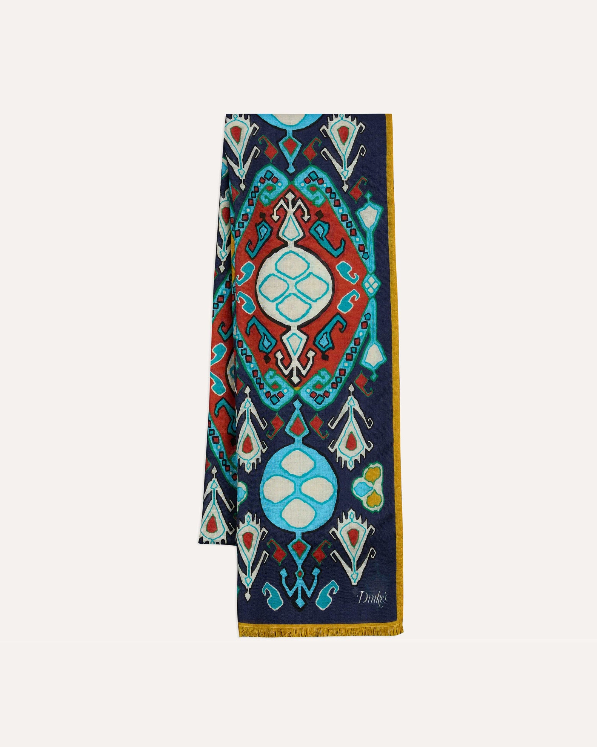 Tapestry Print Wool Silk Scarf -Navy