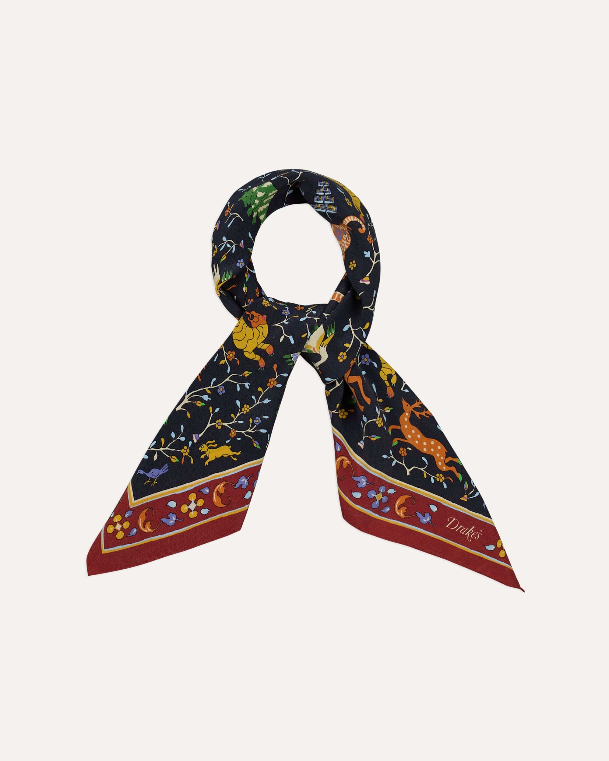 Animals and Flowers Print Silk Bandana - Navy
