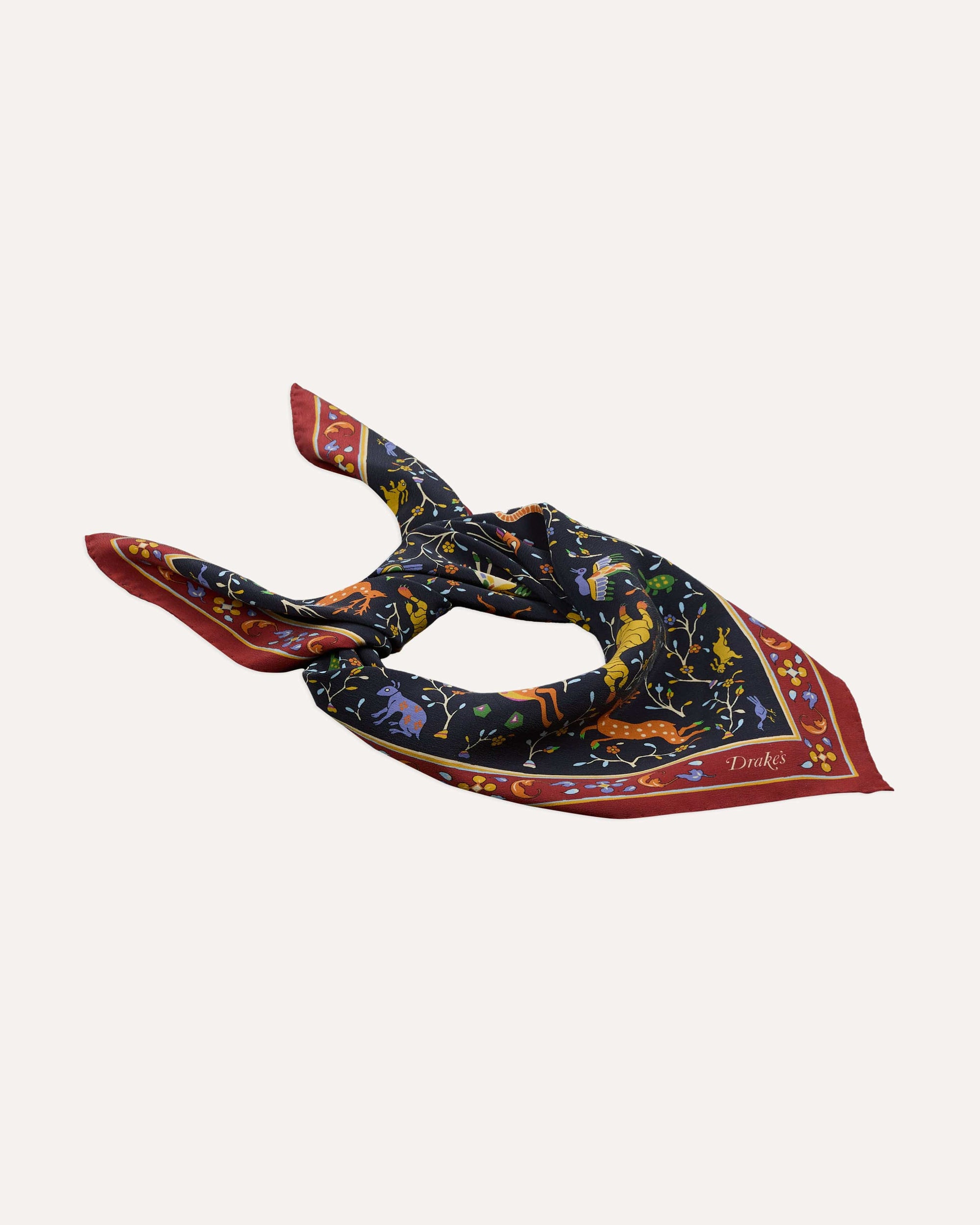 Animals and Flowers Print Silk Bandana - Navy