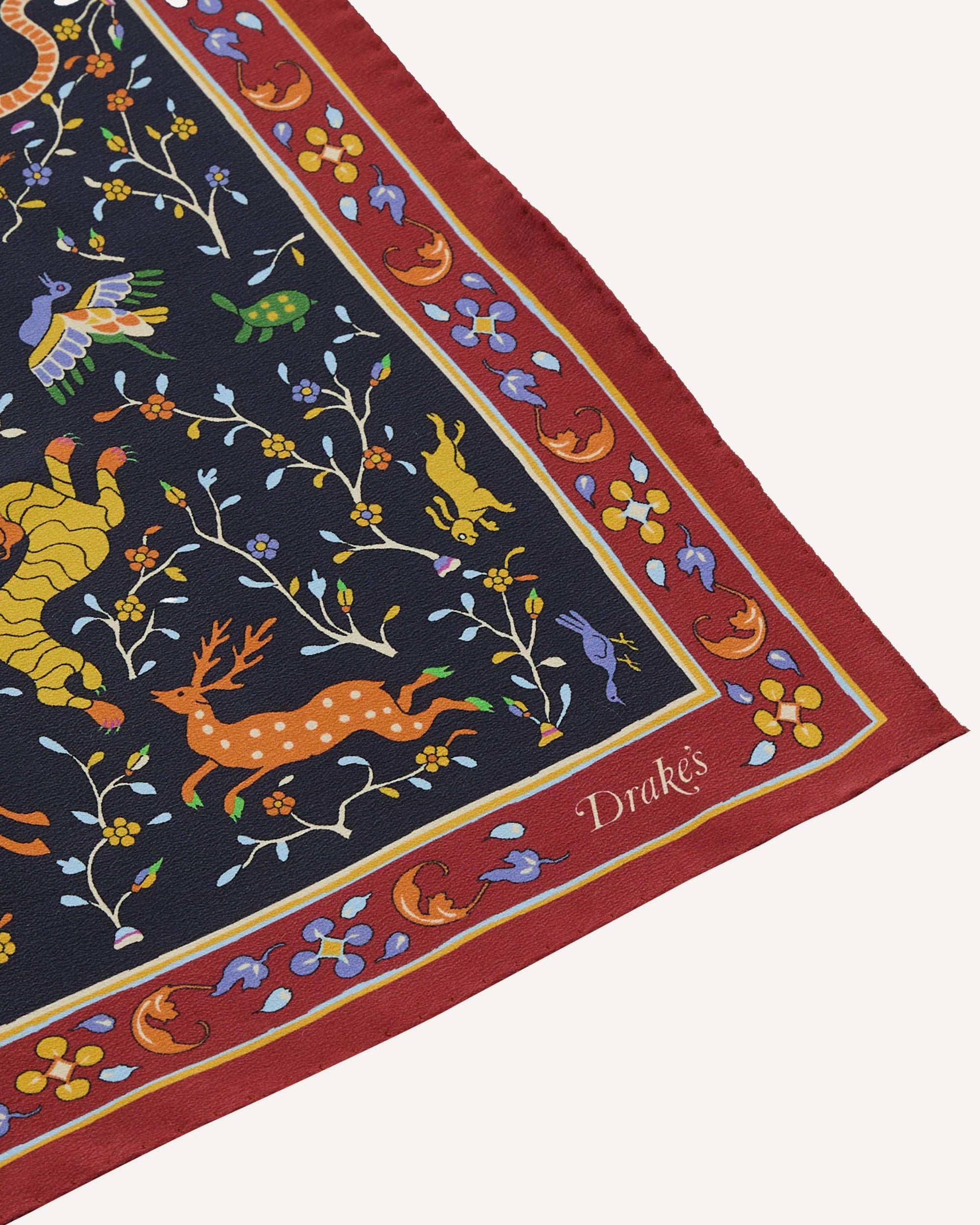 Animals and Flowers Print Silk Bandana - Navy