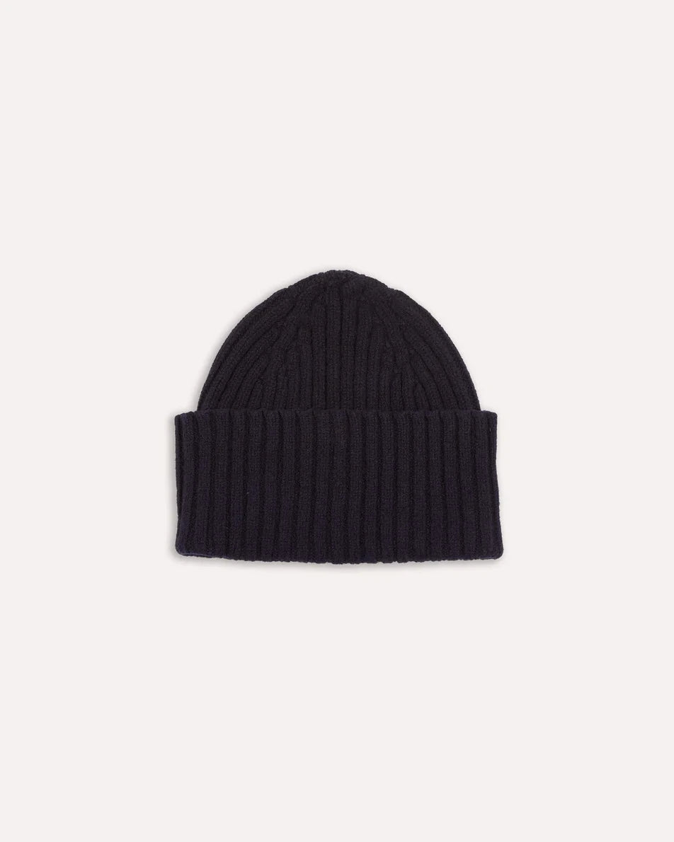 Lambswool Ribbed Knit Beanie - Navy