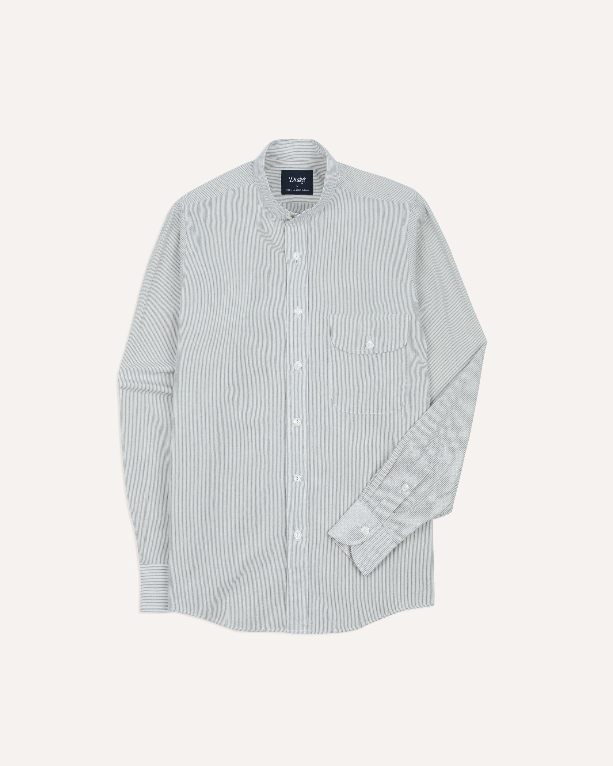 Cotton Mandarin Collar Shirt - White and Navy Stripe