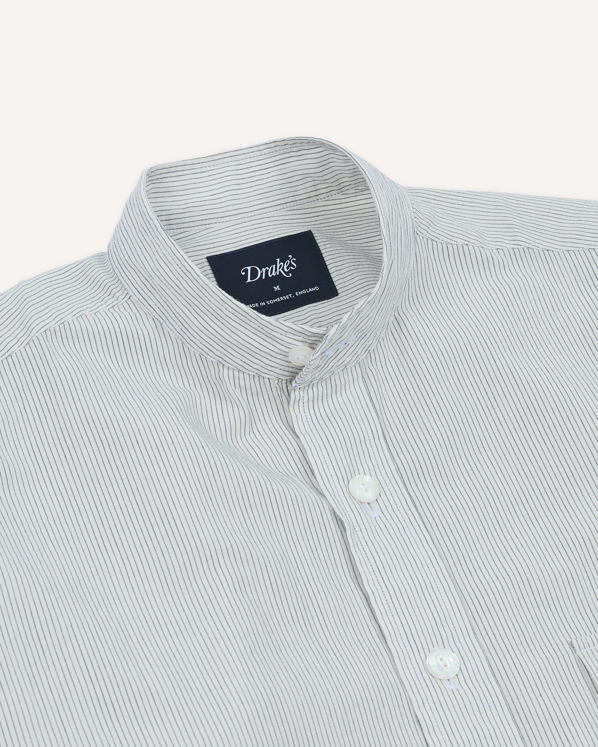 Cotton Mandarin Collar Shirt - White and Navy Stripe