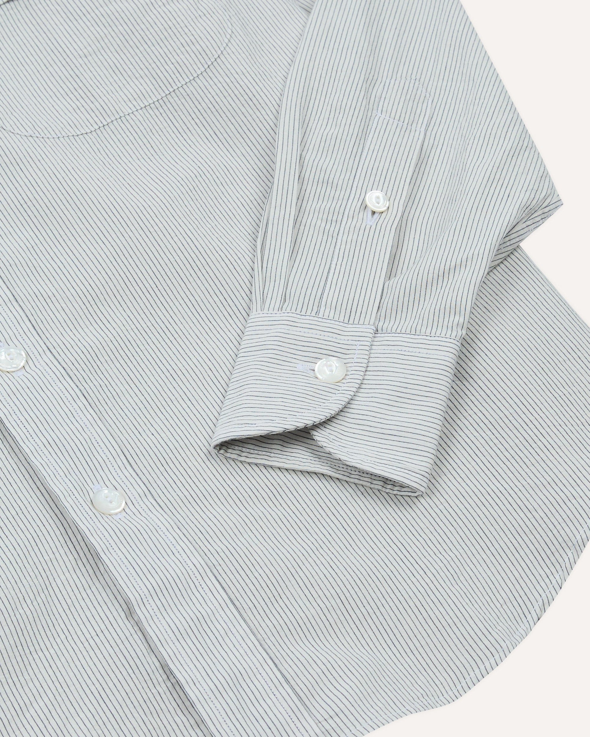 Cotton Mandarin Collar Shirt - White and Navy Stripe