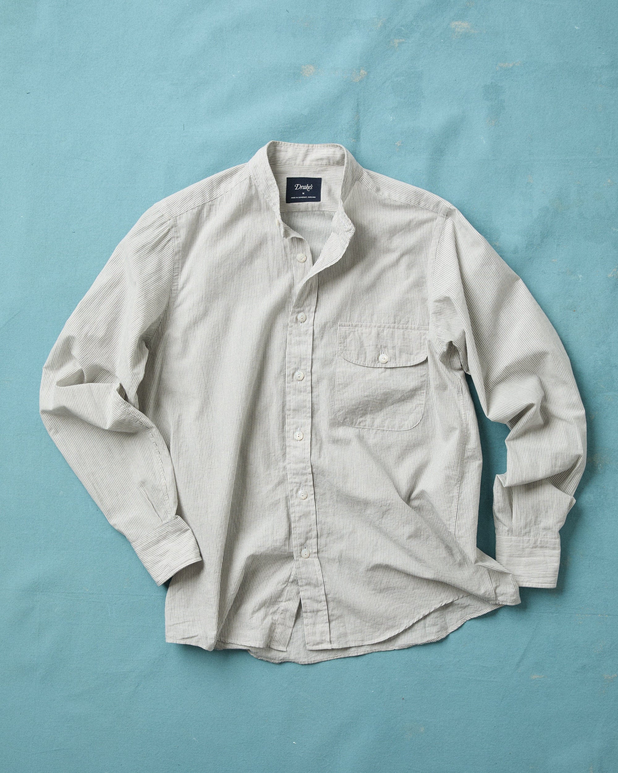 Cotton Mandarin Collar Shirt - White and Navy Stripe