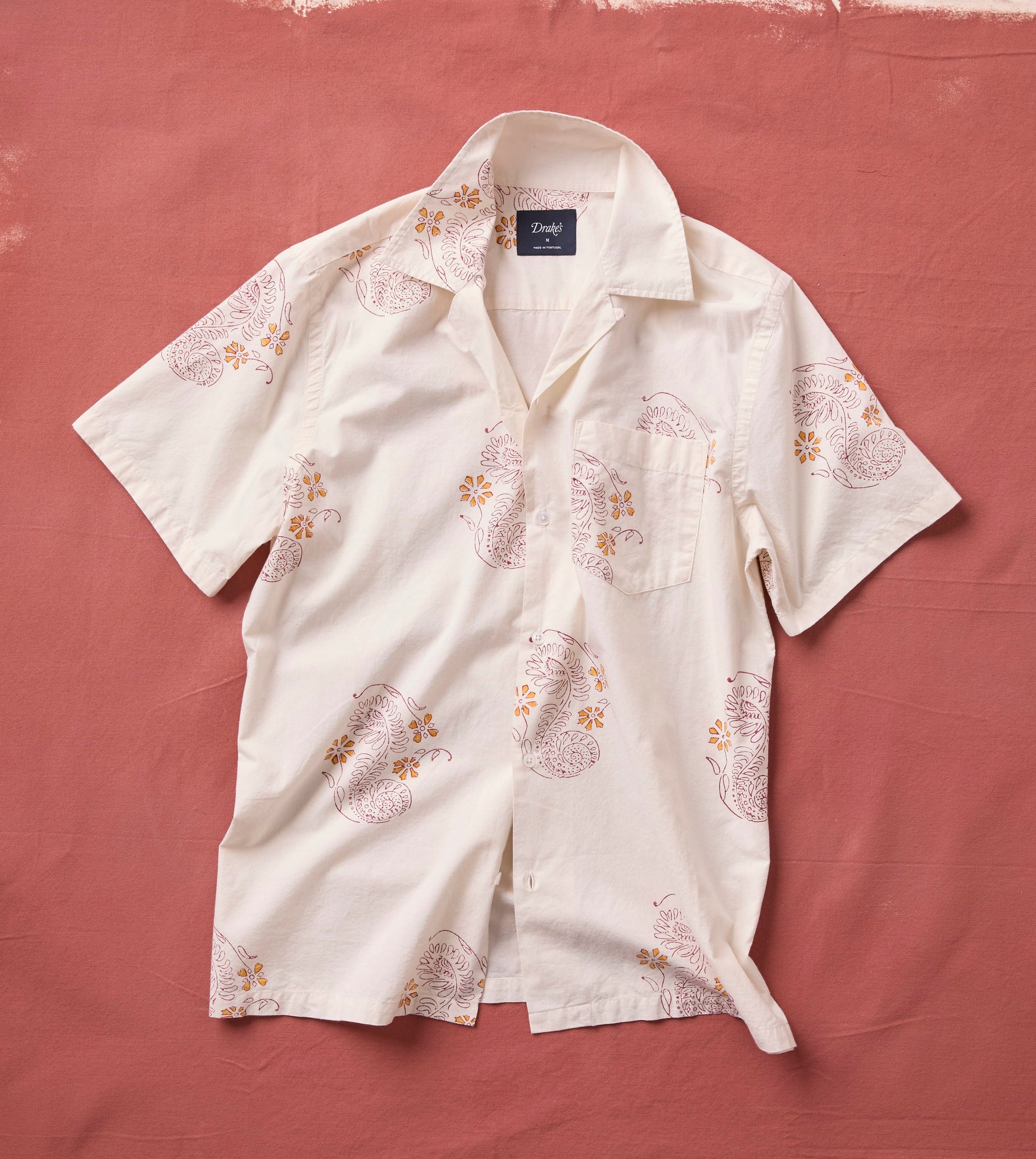 Floral Print SS Camp Collar - Off White Burgundy