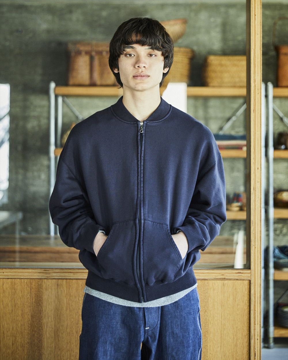 Front Zip Densely Knit Sweat Shirt - Dark Navy