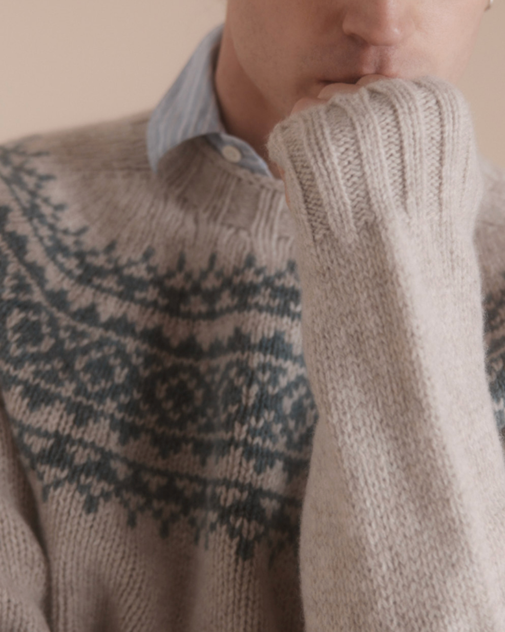 Chunky Yoke Crewneck Sweater - Vellum / Verdigris