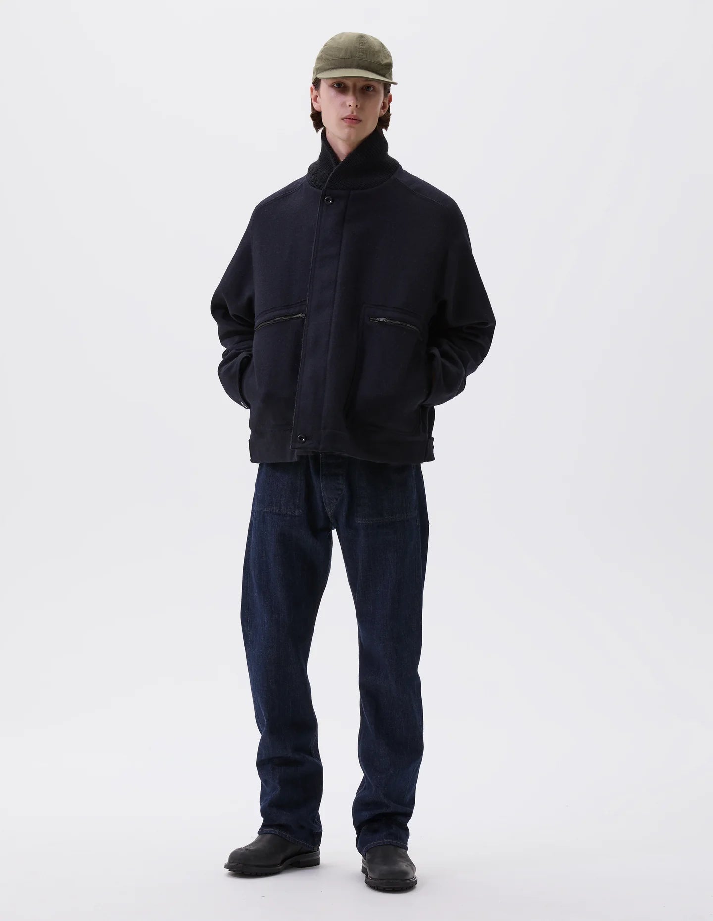 Rib Neck Jacket Course Melton Wool - Ink