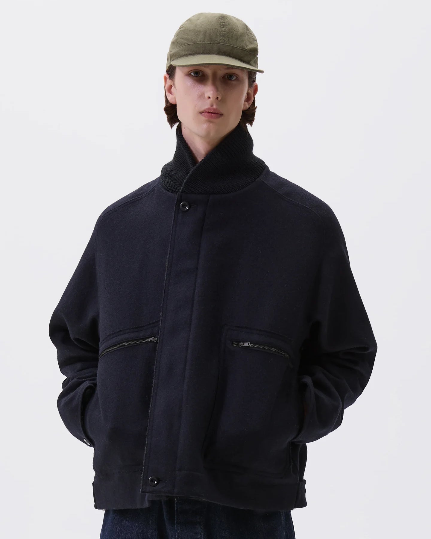 Rib Neck Jacket Course Melton Wool - Ink