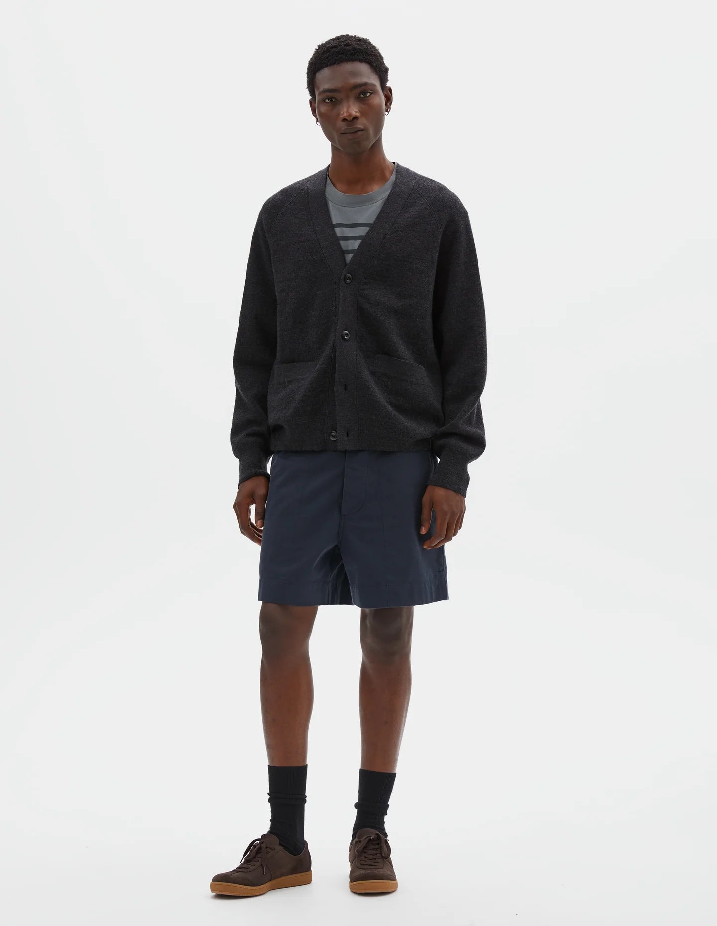 Flatlock Cardigan Pure Wool - Charcoal