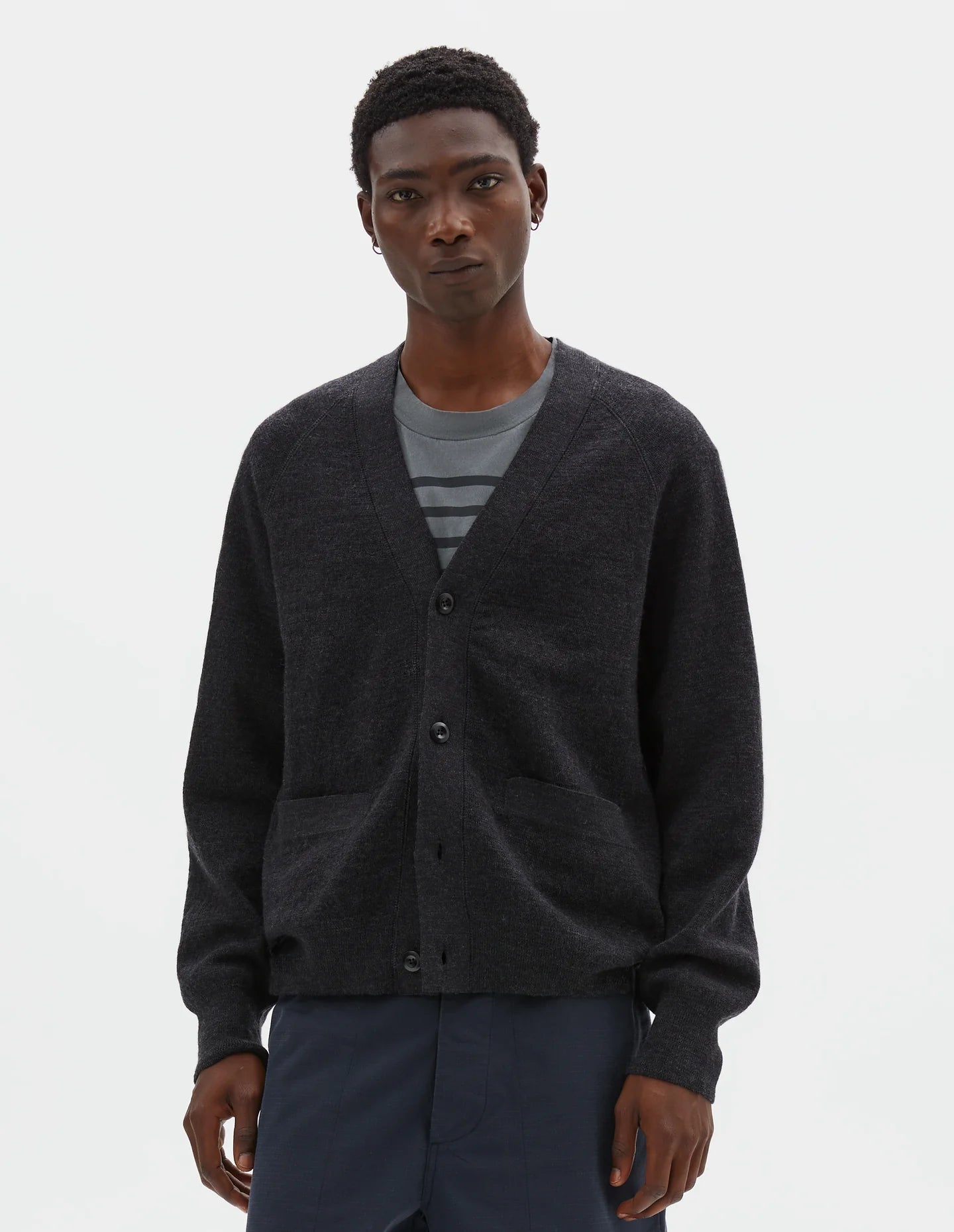 Flatlock Cardigan Pure Wool - Charcoal