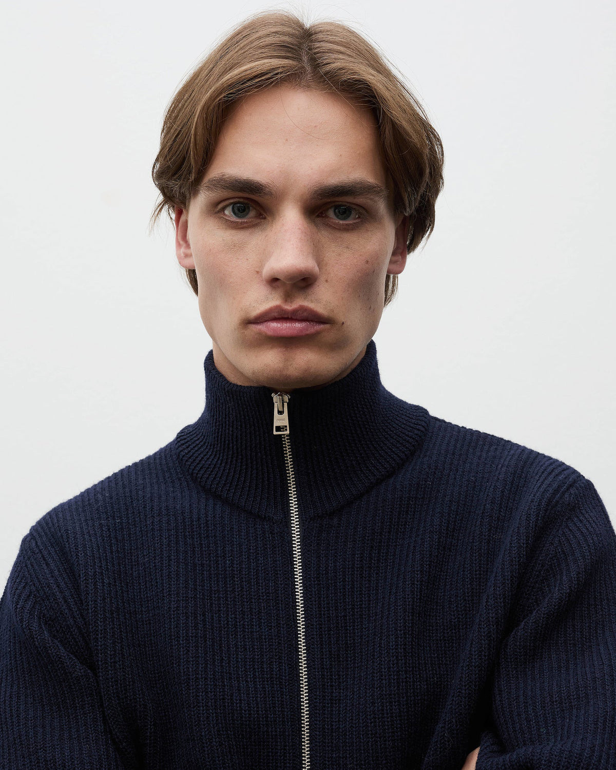 Hagen Wool Cotton Rib Full Zip Jacket  Dark Navy