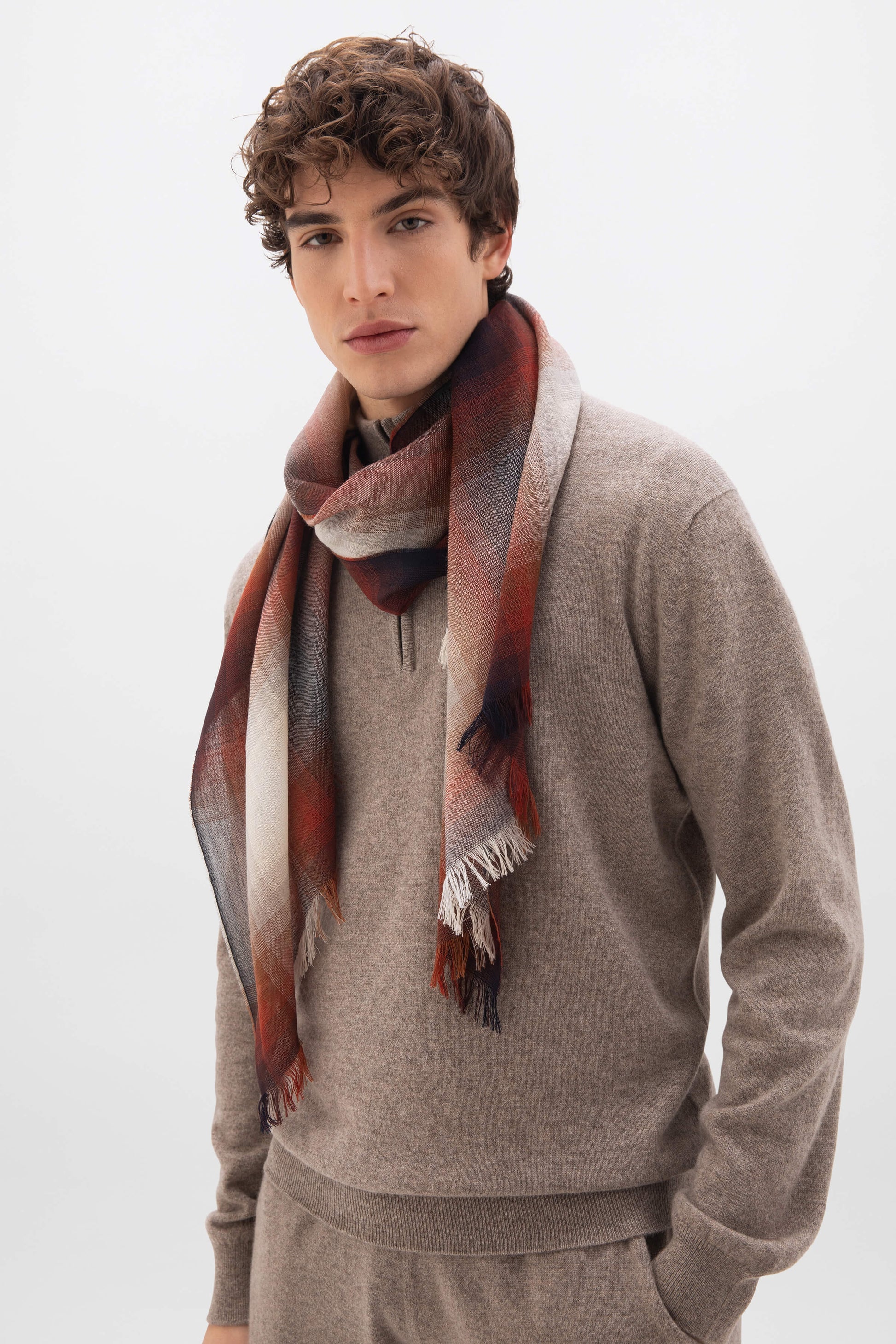 Ombré Check Lightweight Merino Scarf - Navy