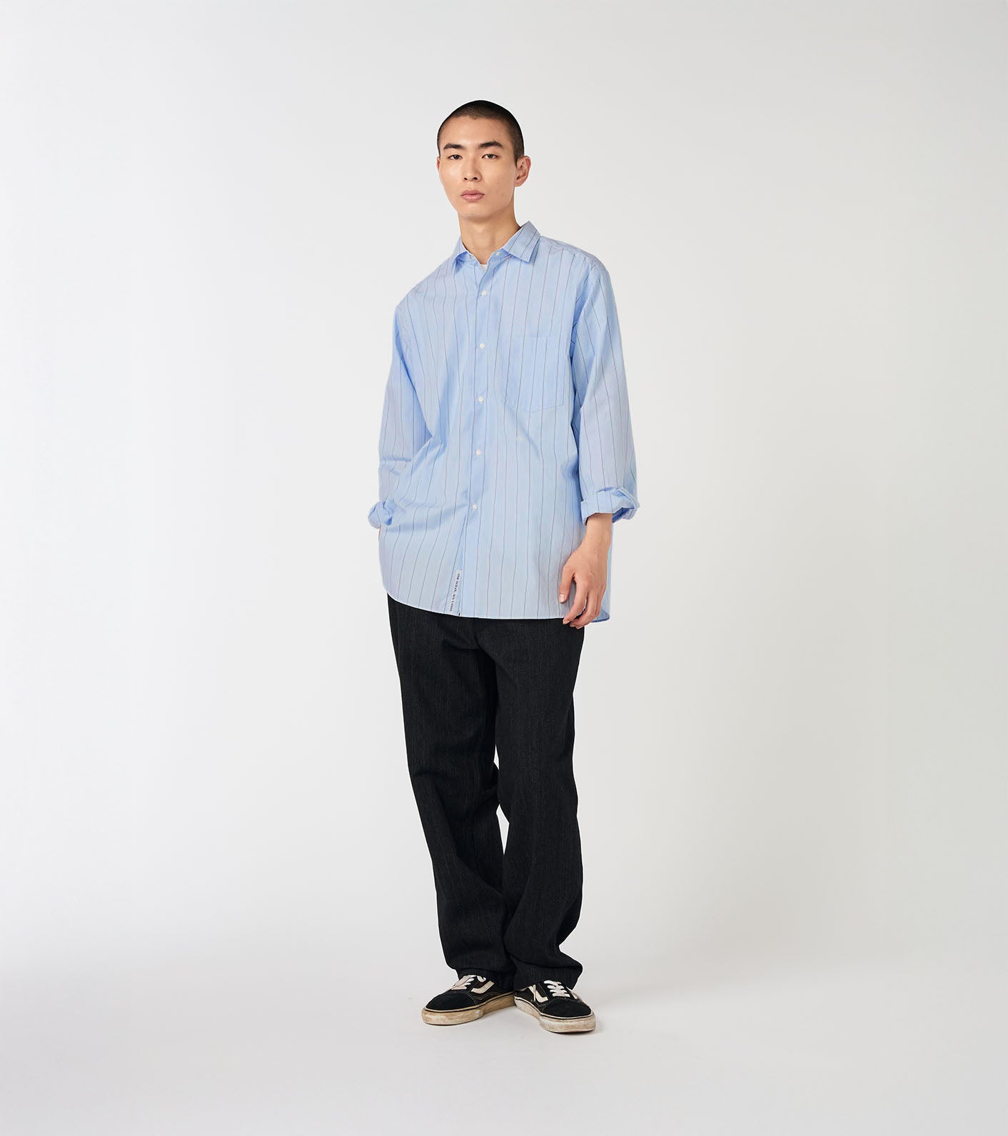 Regular Collar Stripe Wind Shirt - Sax