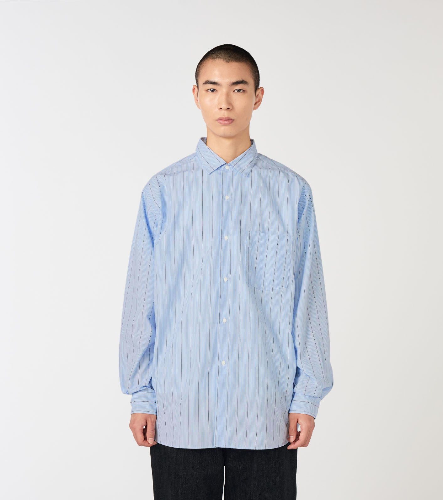 Regular Collar Stripe Wind Shirt - Sax