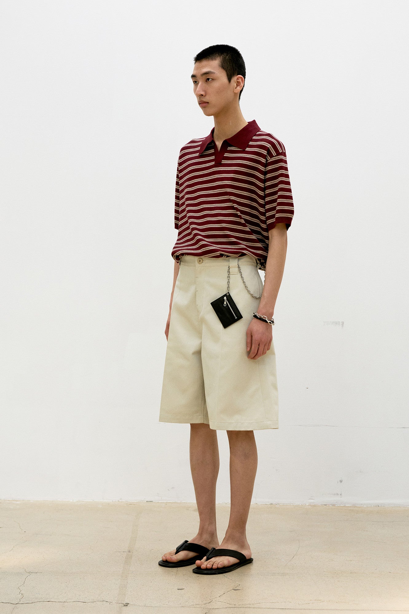 Open-Collar Stripe Sweater - Burgundy